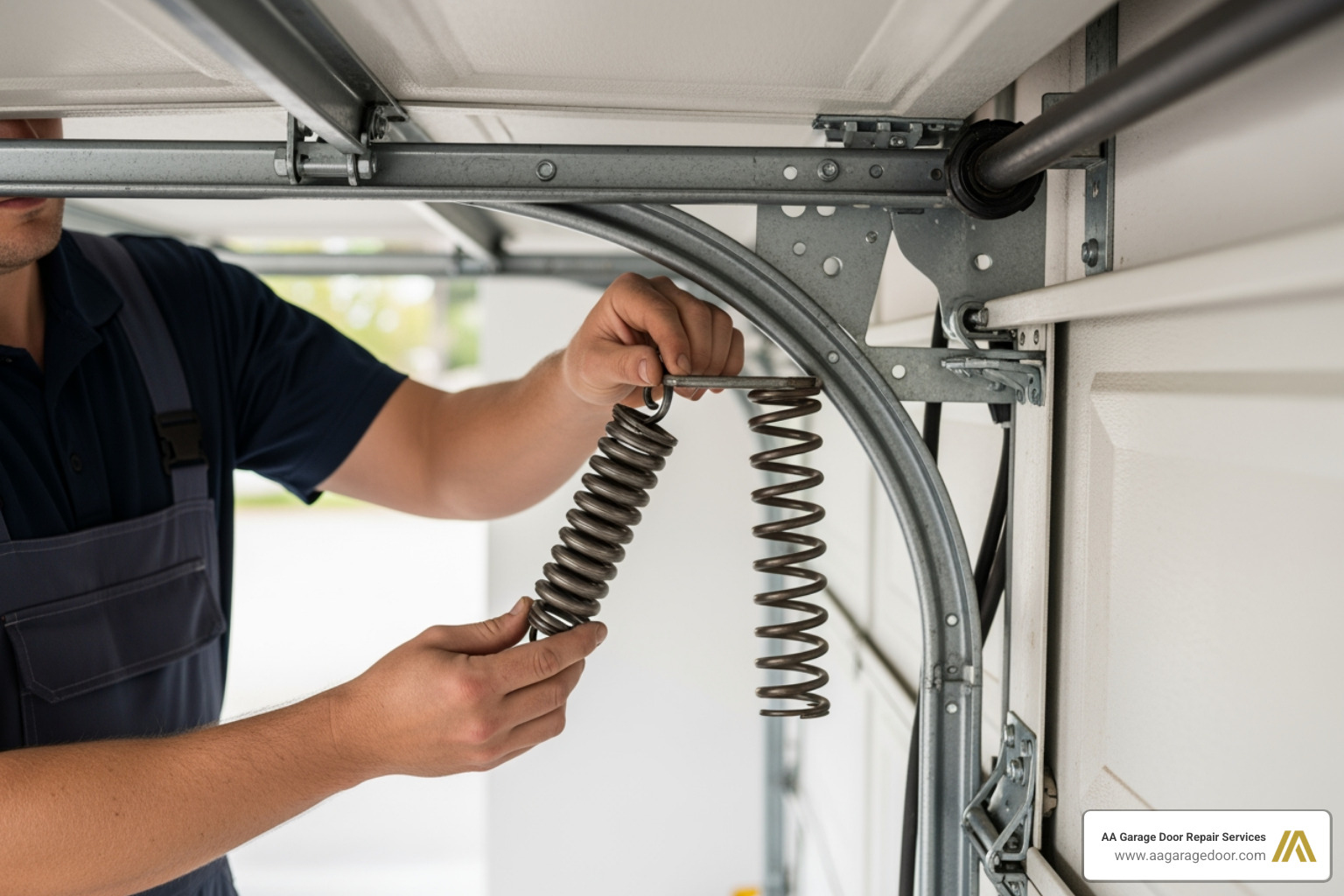 technician inspecting garage door - Garage door spring replacement cost