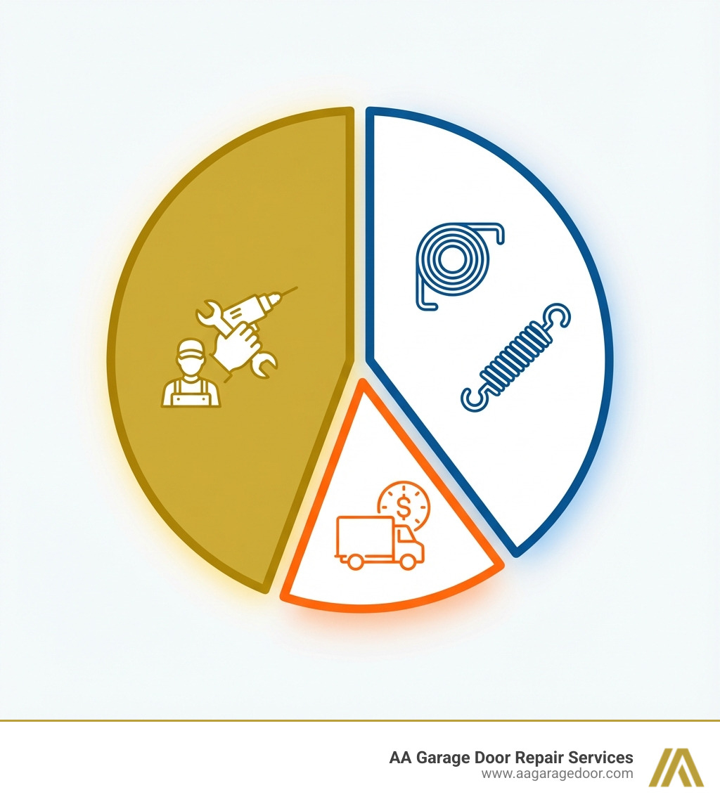 Infographic showing garage door spring replacement cost breakdown: 40% parts, 45% labor, 15% additional fees like travel or emergency service, with icons representing torsion springs, extension springs, and a technician with tools - Garage door spring replacement cost infographic 