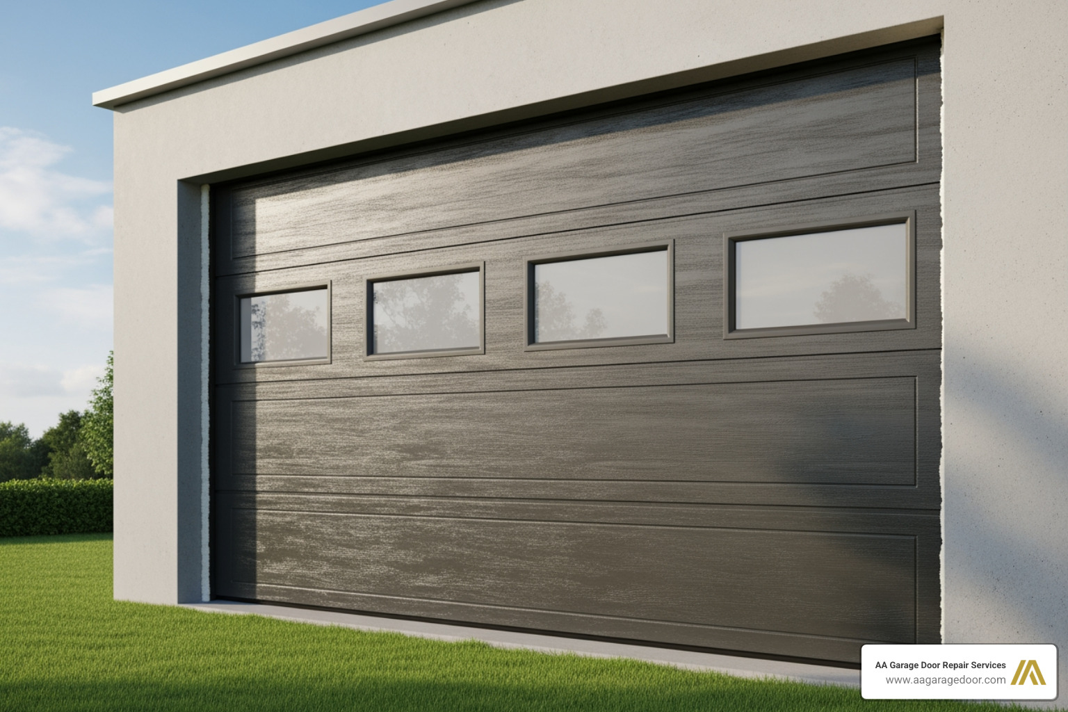 A serene, quiet suburban street with houses and an 8x8 insulated garage door. - 8x8 garage door insulated
