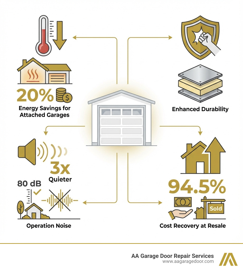 Infographic showing the four primary benefits of an 8x8 insulated garage door: a thermometer icon representing 20% energy savings for attached garages, a shield icon showing enhanced durability from multi-layer steel construction, a sound wave icon indicating 3x quieter operation at 80 decibels, and a house with upward arrow showing 94.5% cost recovery at resale - 8x8 garage door insulated infographic 
