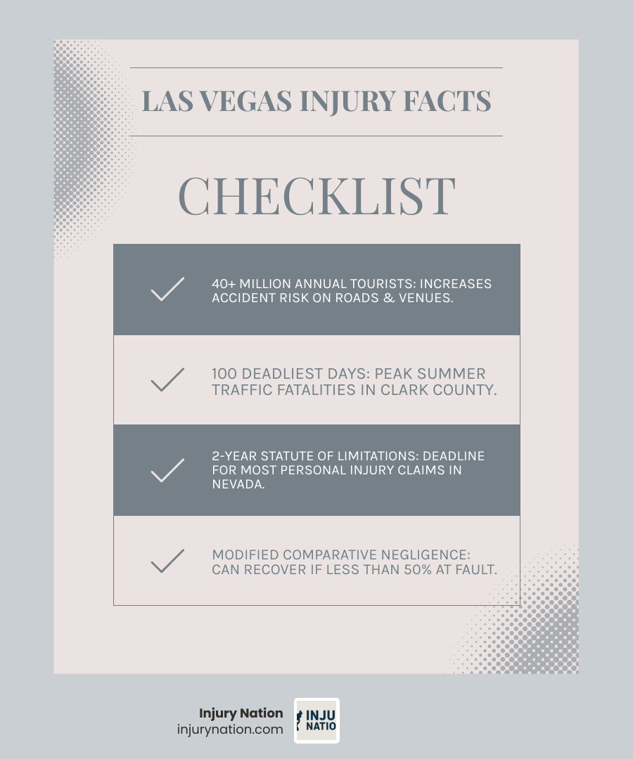 Infographic showing Las Vegas injury statistics: millions of annual tourists, the 100 deadliest days of summer in Clark County with increased traffic fatalities, two-year statute of limitations for most personal injury claims in Nevada, and modified comparative negligence rule allowing recovery if less than 50% at fault - Injury attorney Vegas infographic checklist-light-blue-grey