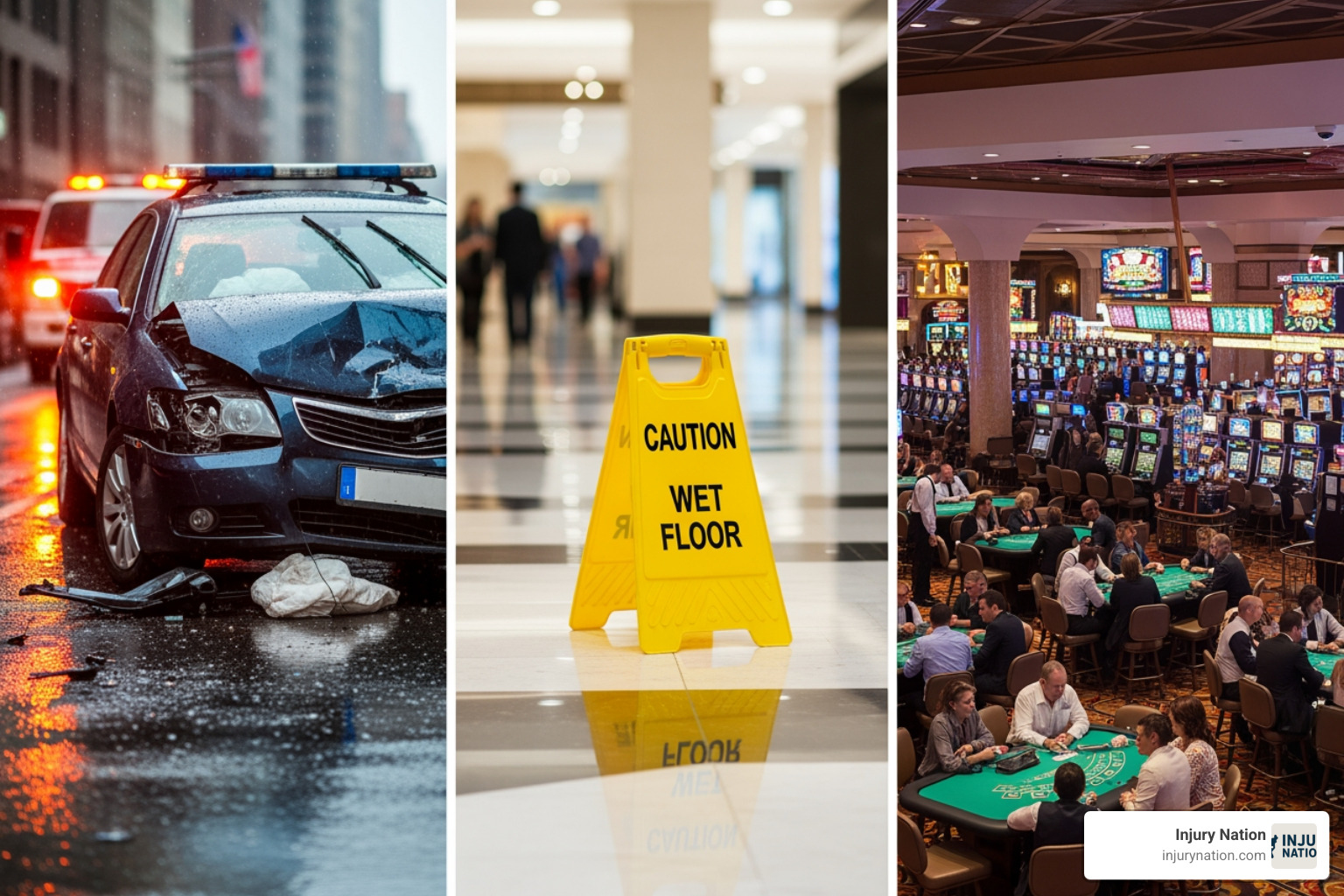 Collage of different accident types like a car crash, a slip and fall sign, and a casino floor - Injury attorney Vegas