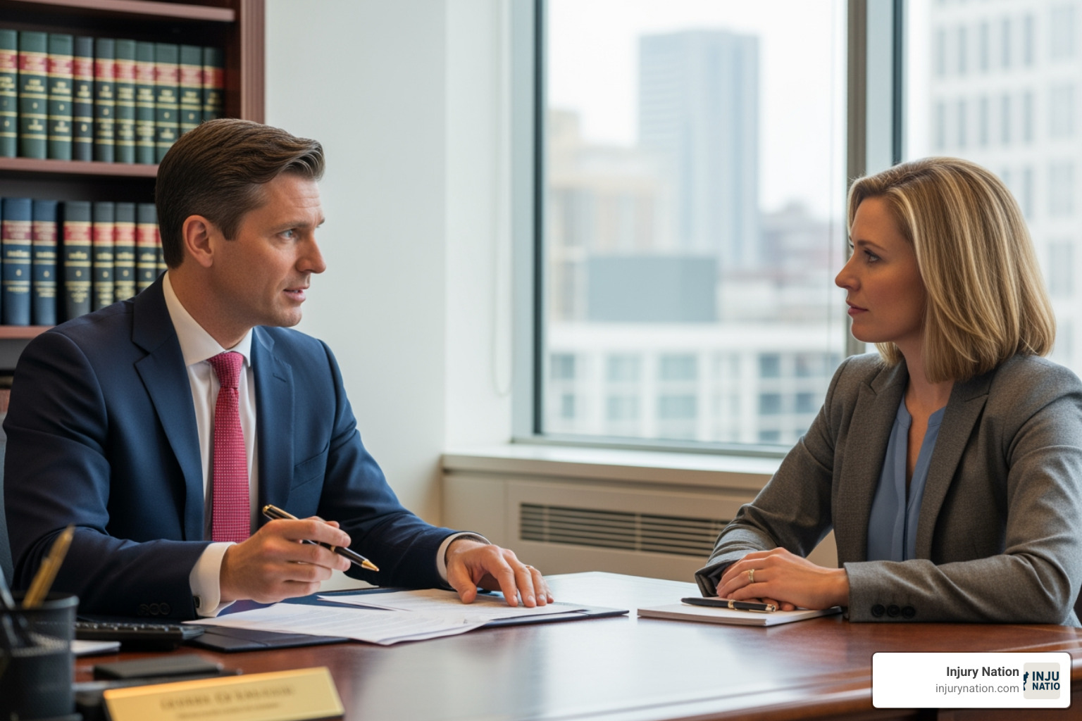 A lawyer confidently speaking with a client - Injury attorney Vegas