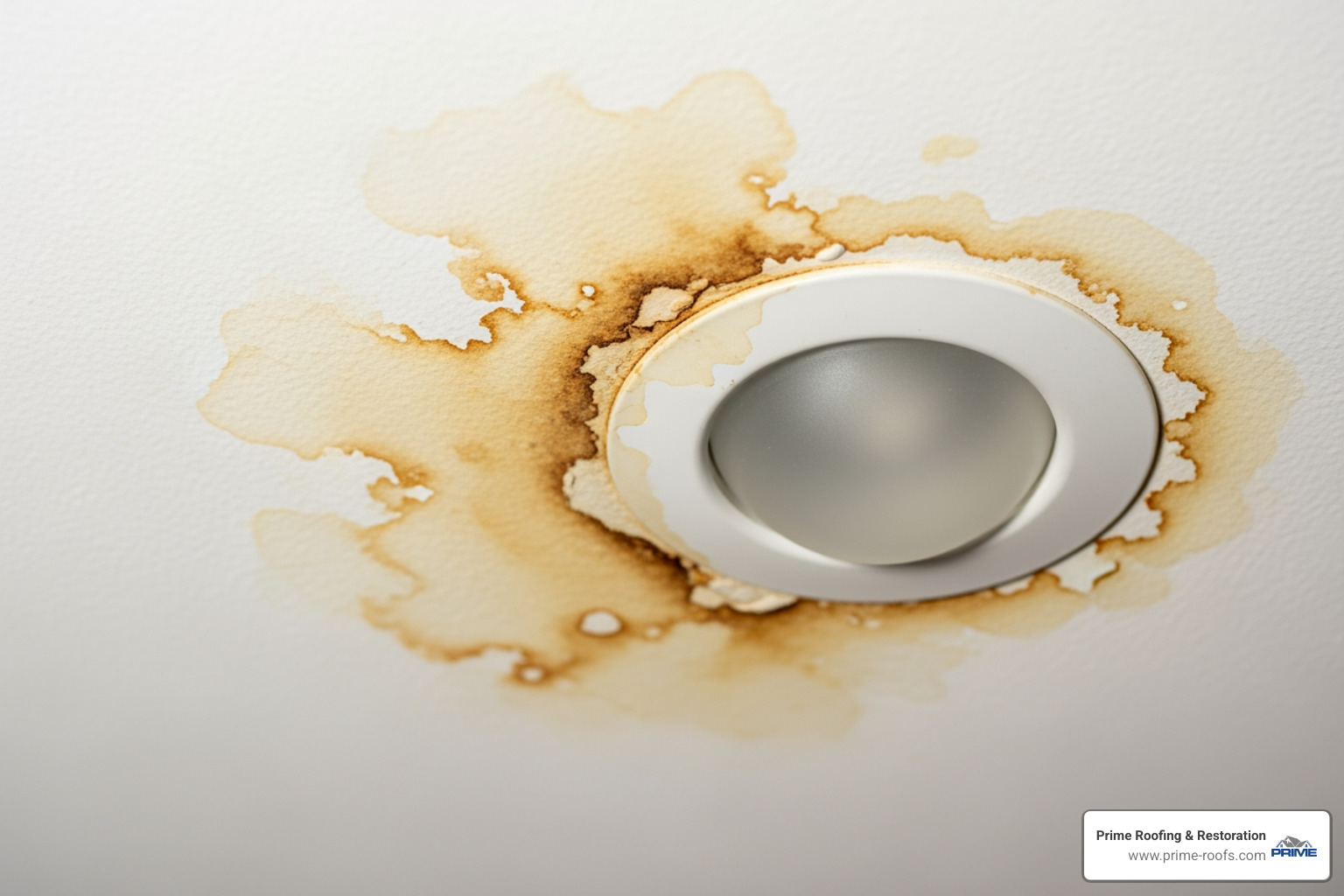 water stains on a ceiling next to a light fixture. - residential roof repair