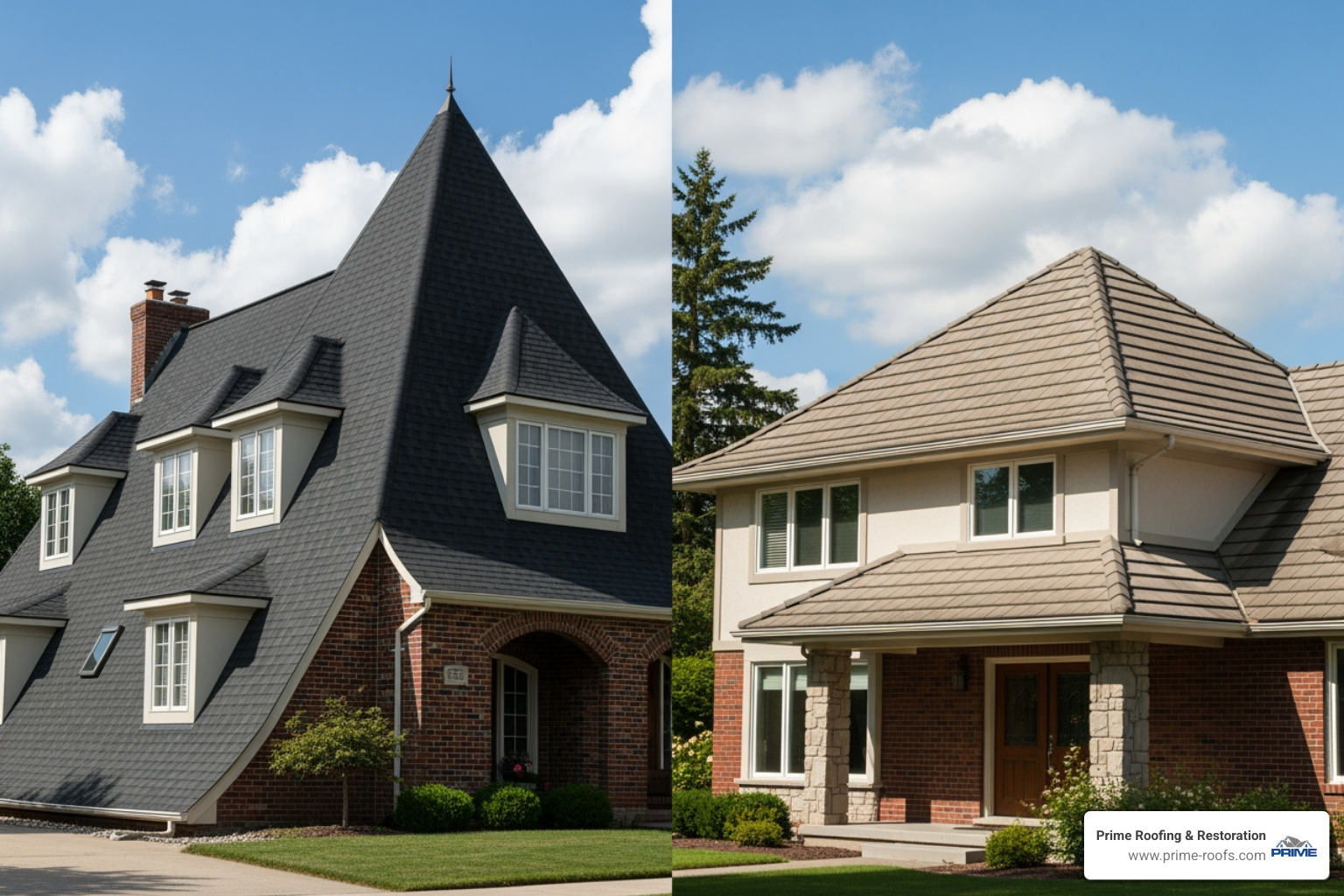 illustrating a steep roof pitch versus a low roof pitch - cost to replace roof shingles