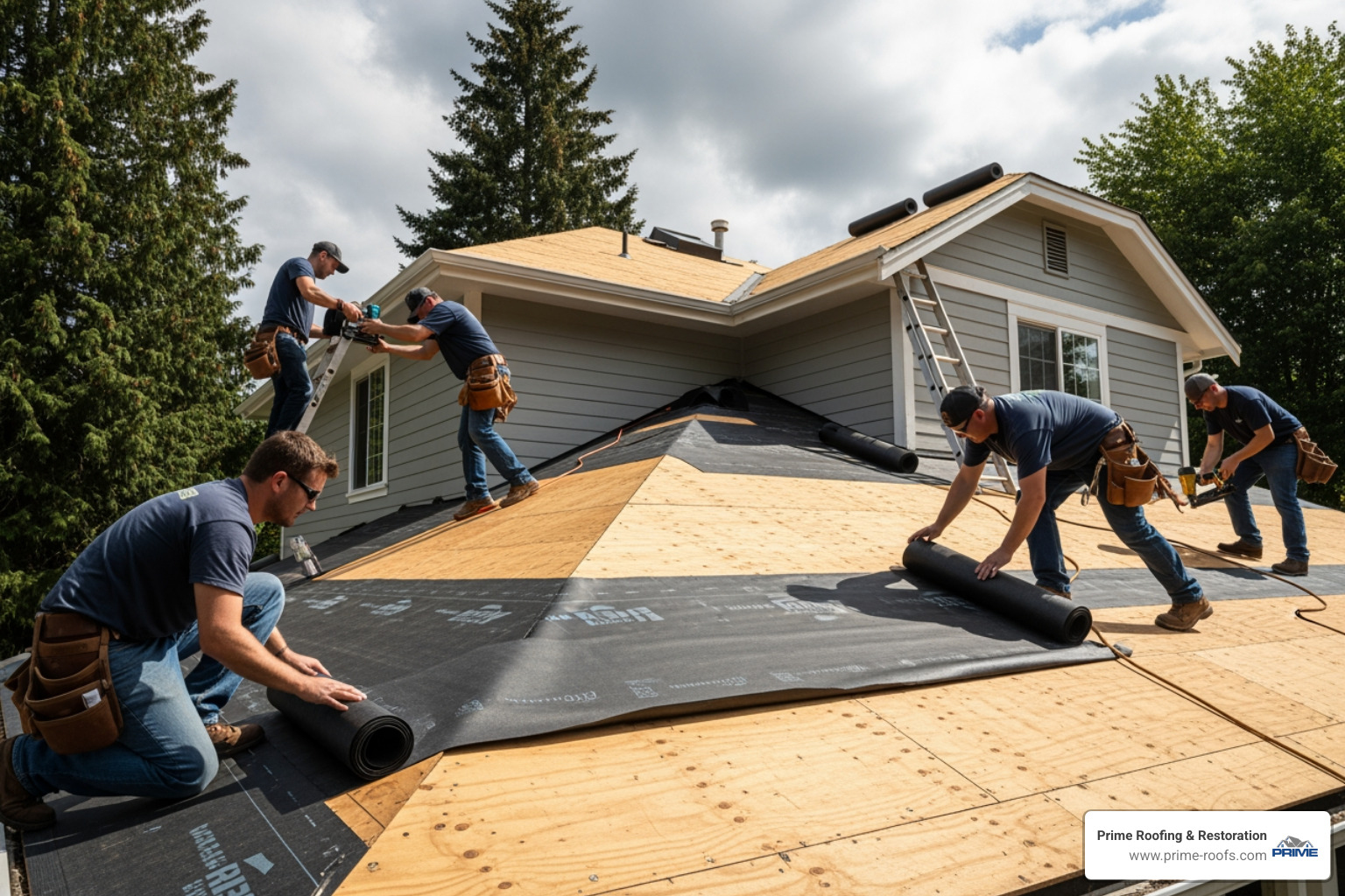 a roofing crew installing synthetic underlayment on a clean roof deck - roof replacement