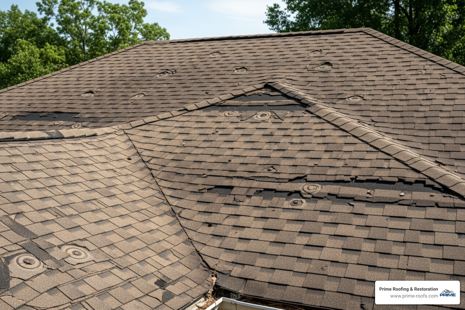 roof with clear heat and storm damage - roofing companies in alabama