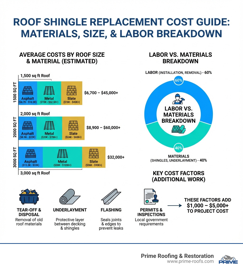 Infographic showing average roof shingle replacement costs by material type, roof size categories (1500, 2000, 3000 sq ft), labor percentage breakdown, and key cost factors including tear-off, underlayment, flashing, and permits - cost to replace roof shingles infographic 