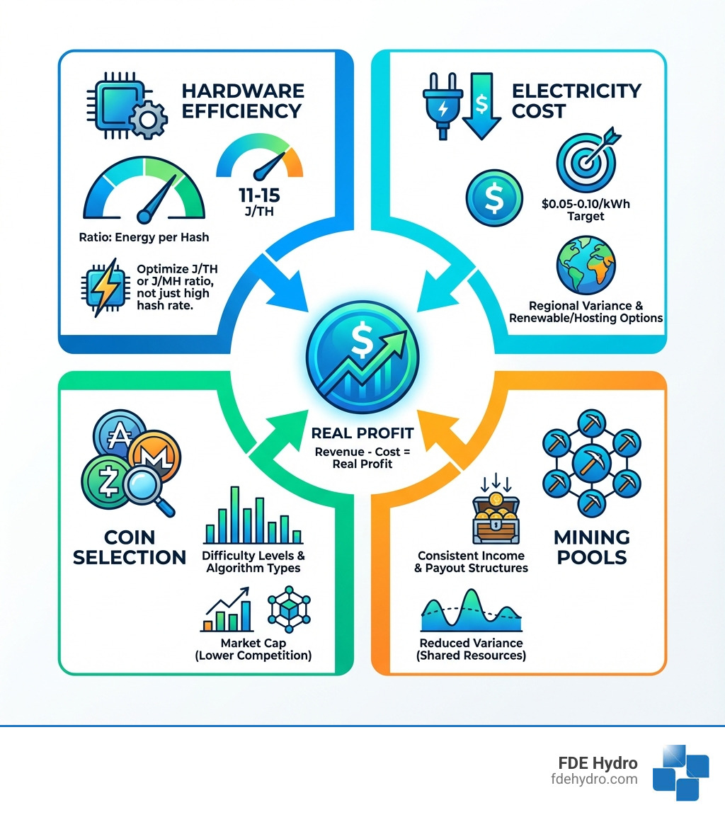 infographic showing four connected pillars: Hardware Efficiency (11-15 J/TH ratio, energy per hash), Electricity Cost ($0.05-0.10/kWh target, regional variance), Coin Selection (difficulty levels, algorithm types, market cap), and Mining Pools (payout structures, reduced variance, consistent income) - Cost effective crypto mining infographic infographic showing four connected pillars: Hardware Efficiency (11-15 J/TH ratio, energy per hash), Electricity Cost ($0.05-0.10/kWh target, regional variance), Coin Selection (difficulty levels, algorithm types, market cap), and Mining Pools (payout structures, reduced variance, consistent income) - Cost effective crypto mining infographic