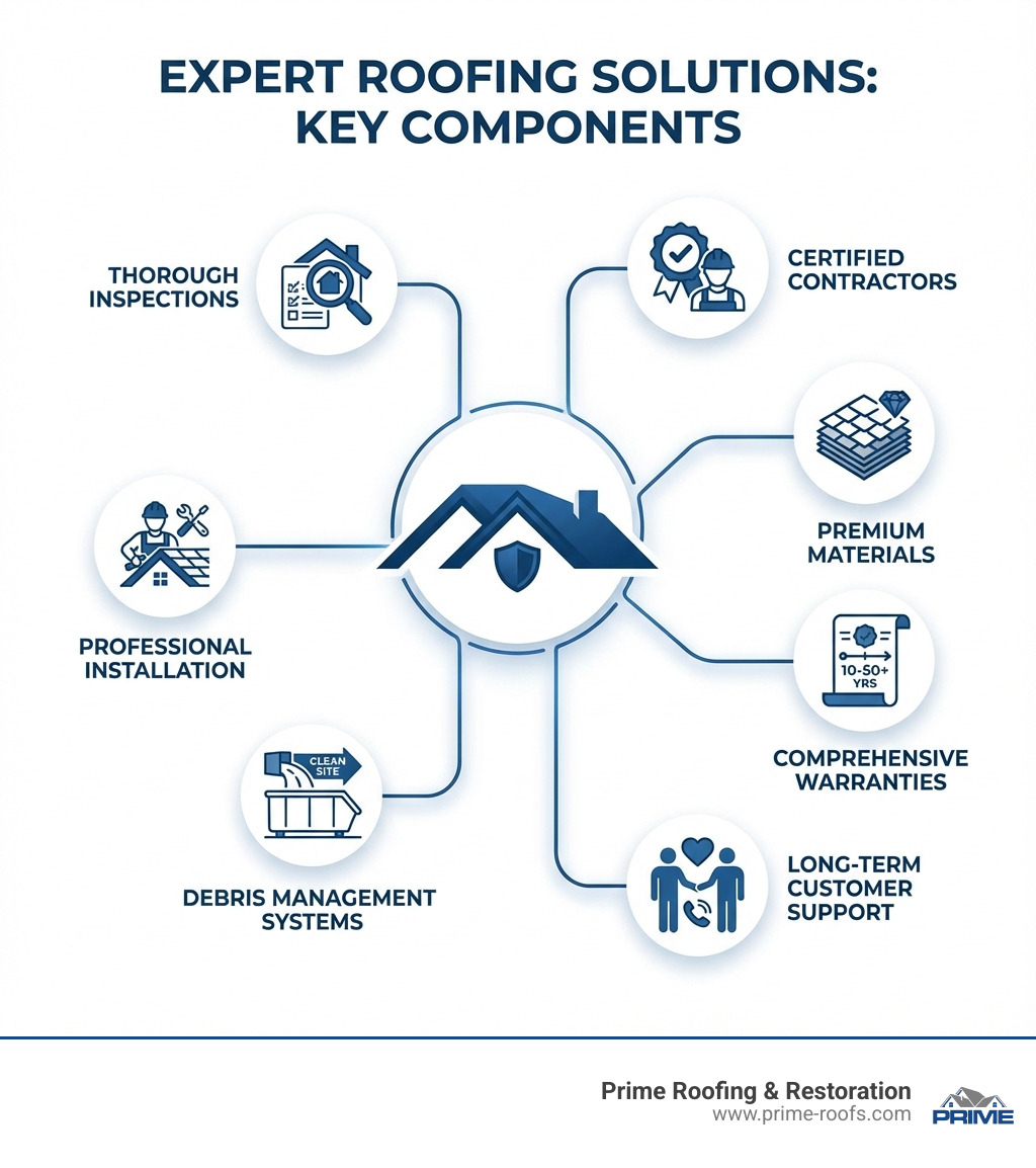 infographic showing key components of expert roofing solutions including certified contractors, premium materials, comprehensive warranties, thorough inspections, professional installation, debris management systems, and long-term customer support - Expert roofing solutions infographic 