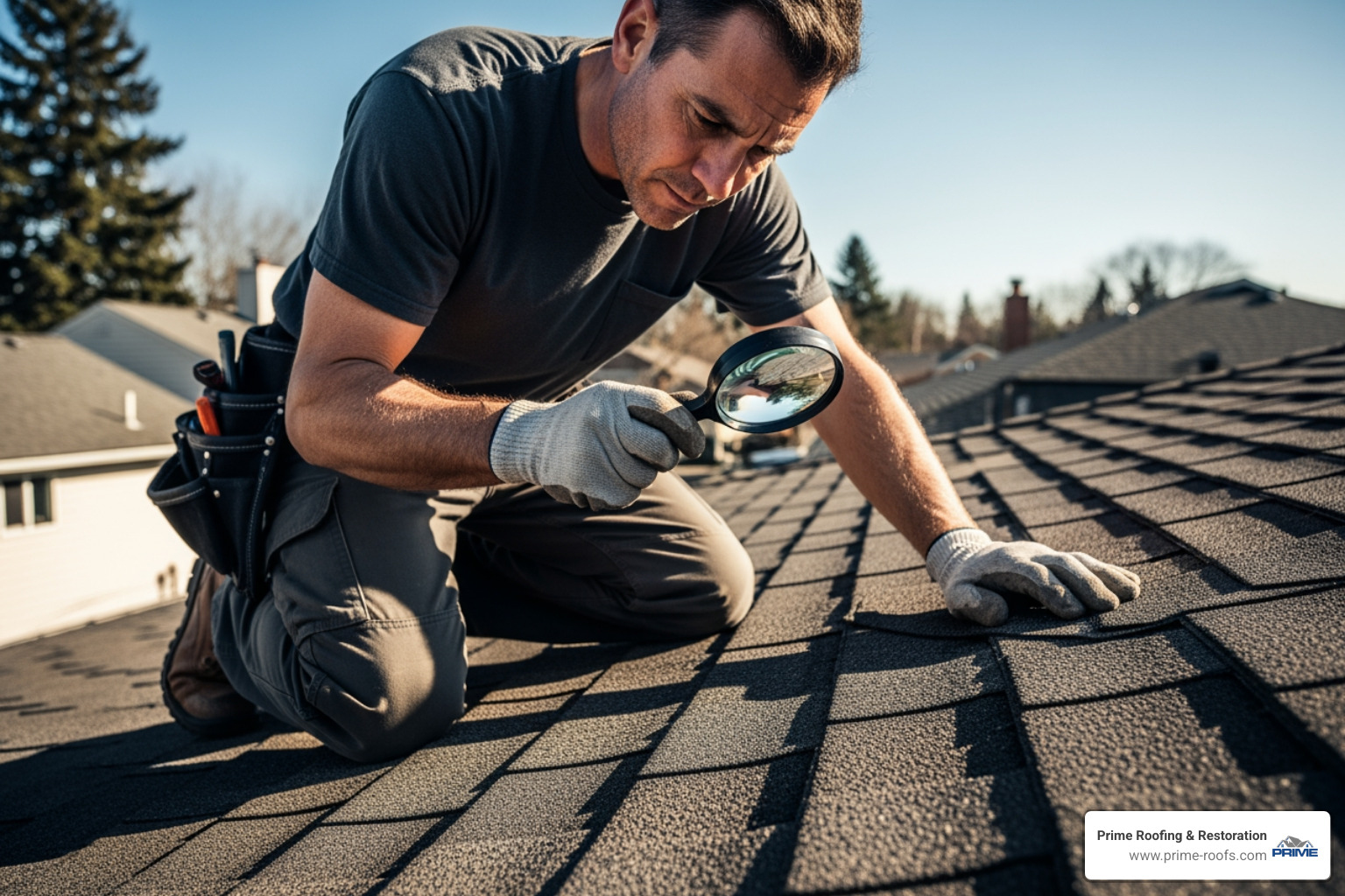roofer inspecting damaged shingles with a magnifying glass - Expert roofing solutions