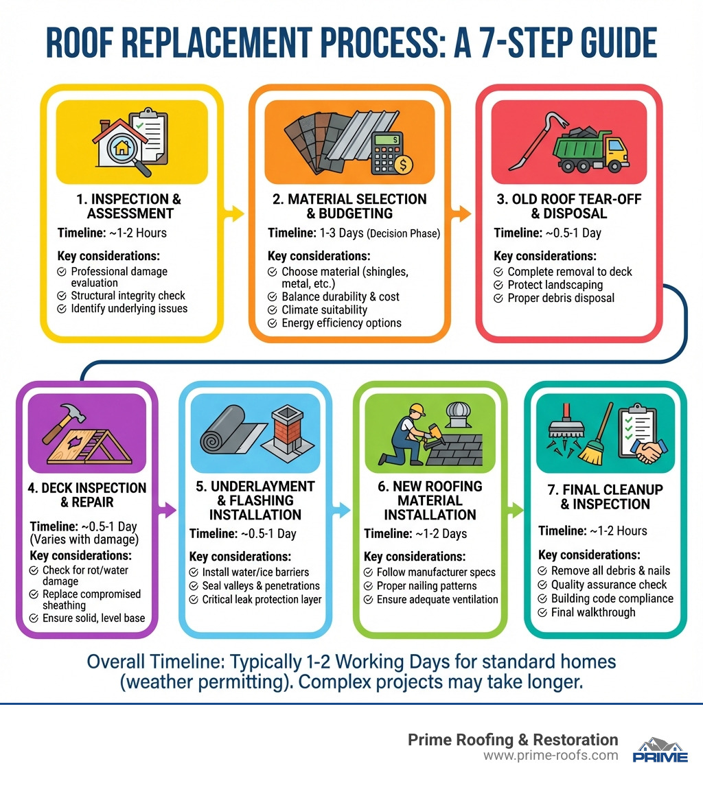 Roof replacement process infographic showing the seven main steps: inspection and assessment, material selection and budgeting, old roof tear-off and disposal, deck inspection and repair, underlayment and flashing installation, new roofing material installation, and final cleanup and inspection, with approximate timelines and key considerations for each phase - roof replacement infographic 