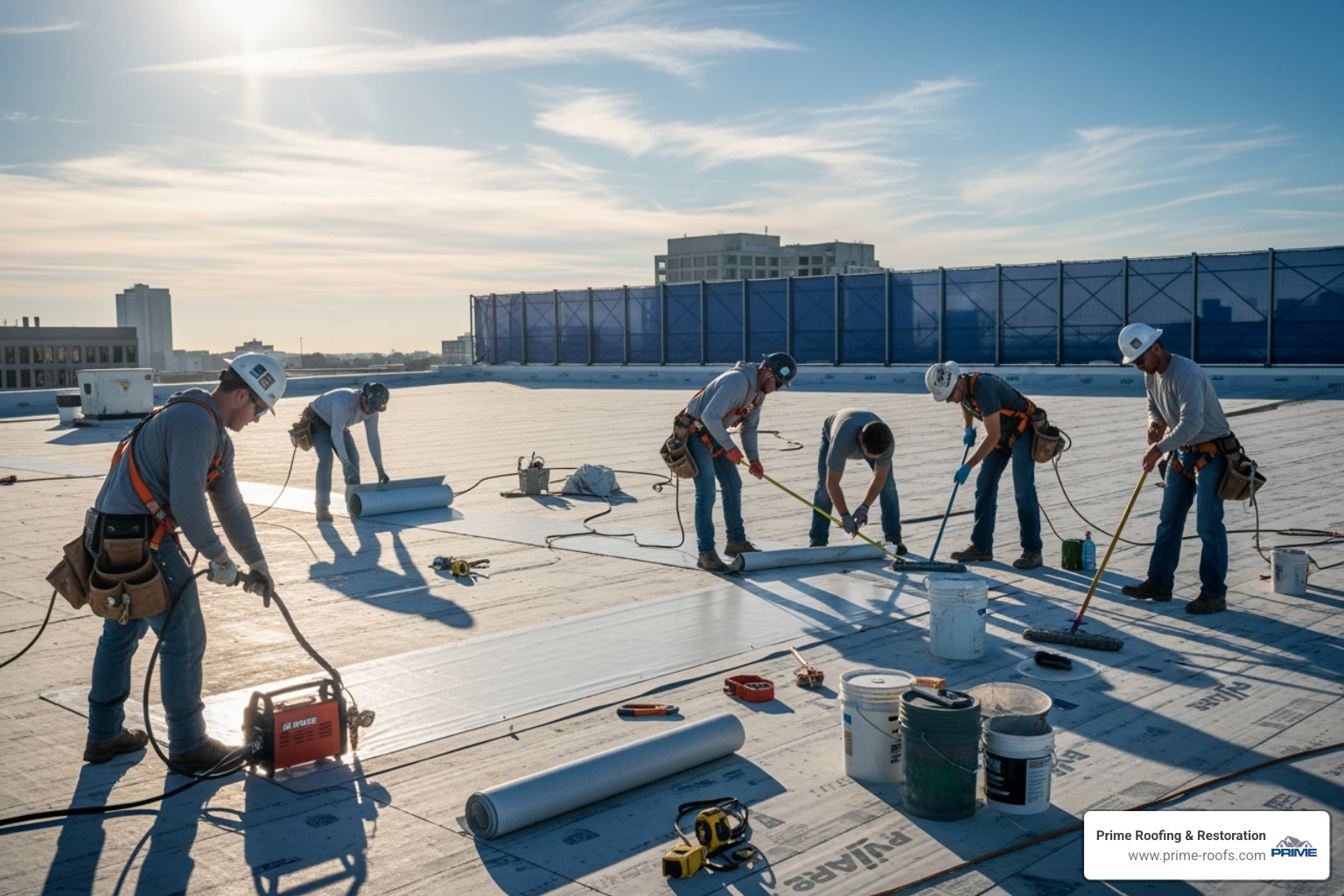 roofing team working on a large commercial flat roof - Expert roofing solutions