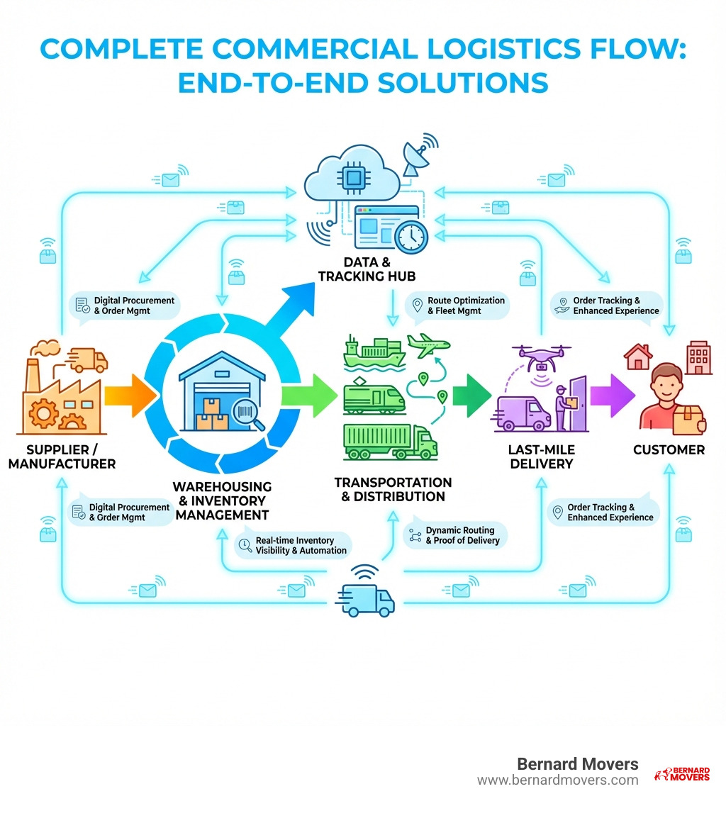 Infographic showing the complete commercial logistics flow: from supplier/manufacturer through warehousing and inventory management, to transportation and distribution, ending with last-mile delivery to the customer, with technology integration and data tracking connecting all stages - commercial logistics solutions infographic 