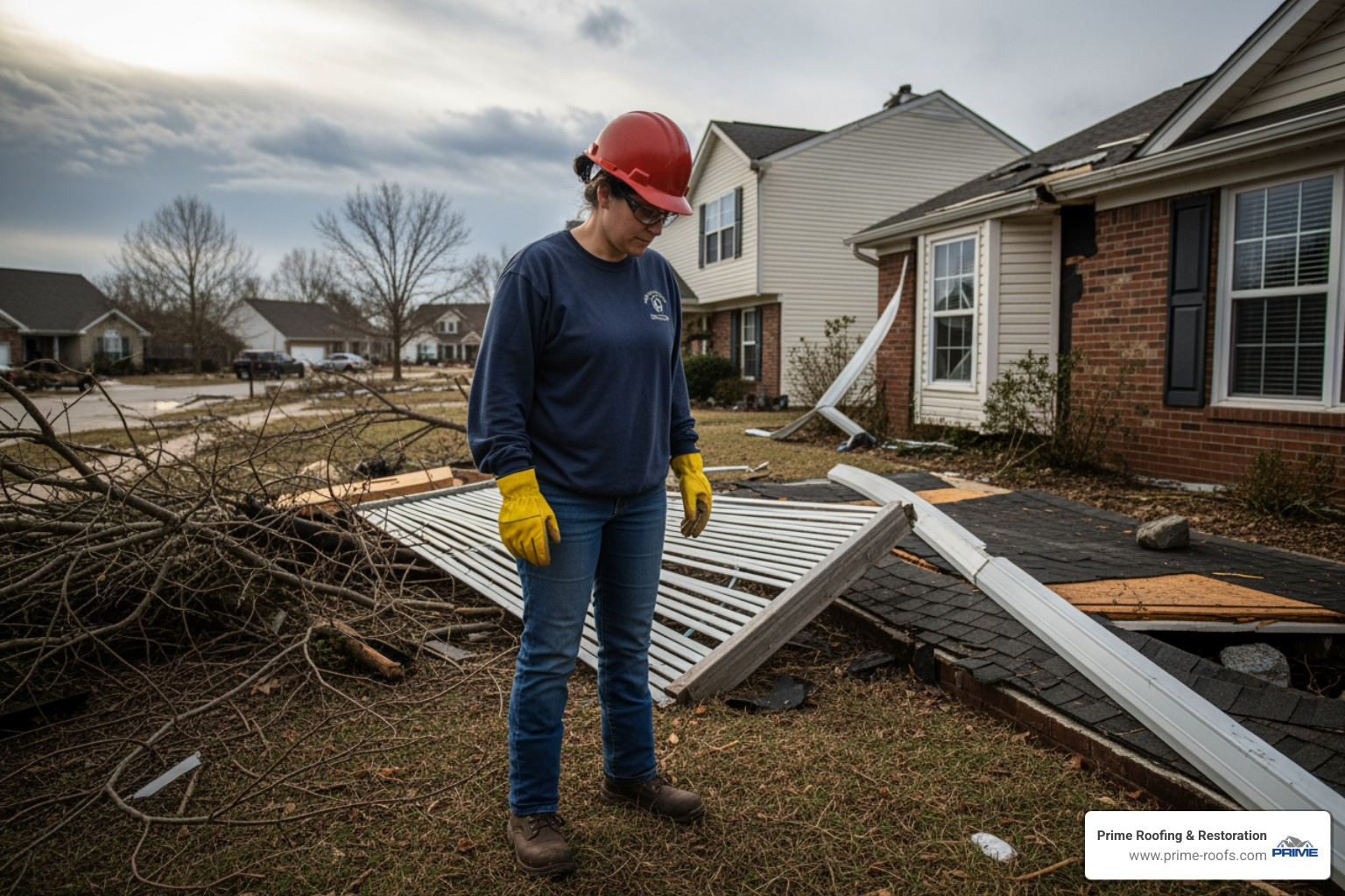 Homeowner wearing a hard hat and gloves inspecting their property from the ground - Storm damage home repair