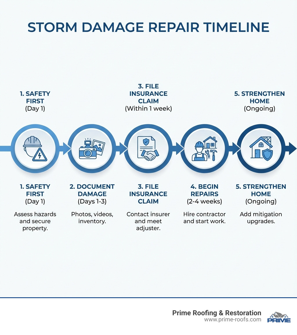 Infographic showing the storm damage repair timeline: 1. Safety First (Day 1) - Assess hazards and secure property, 2. Document Damage (Days 1-3) - Photos, videos, inventory, 3. File Insurance Claim (Within 1 week) - Contact insurer and meet adjuster, 4. Begin Repairs (2-4 weeks) - Hire contractor and start work, 5. Strengthen Home (Ongoing) - Add mitigation upgrades - Storm damage home repair infographic 
