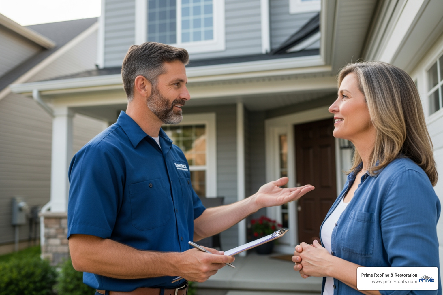 a friendly, professional roofer in uniform speaking with a homeowner at their front door - emergency roof leak repair services near me