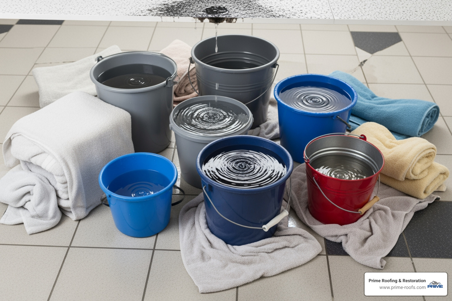 buckets and towels placed strategically under a ceiling leak - emergency roof leak repair services near me