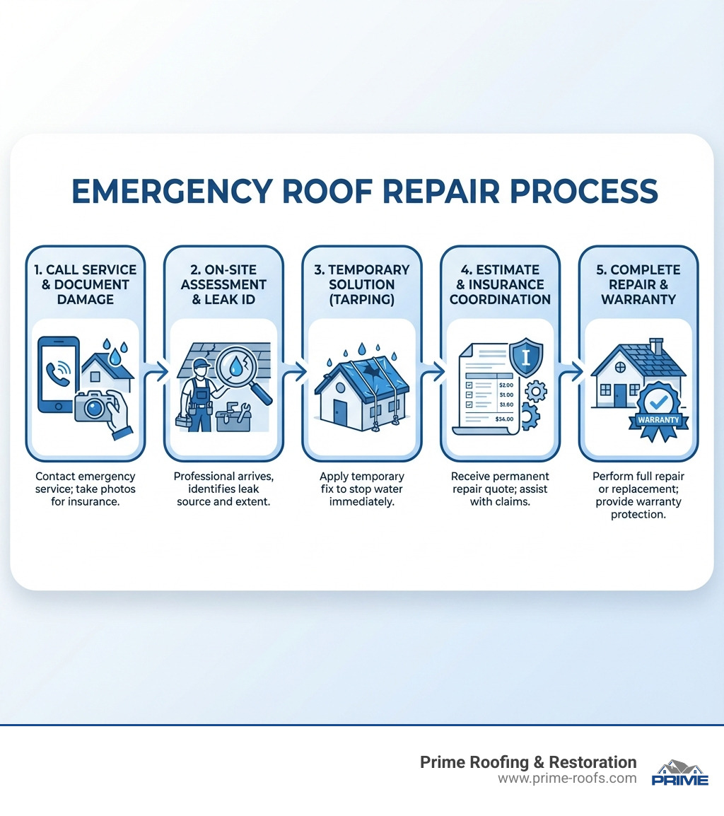 Infographic showing the emergency roof repair process: Step 1 - Call emergency service and document damage with photos. Step 2 - Professional arrives for on-site assessment and leak identification. Step 3 - Temporary solution applied such as tarping to stop water entry. Step 4 - Detailed permanent repair estimate provided with insurance coordination. Step 5 - Complete repair or roof replacement performed with warranty protection. - emergency roof leak repair services near me infographic 