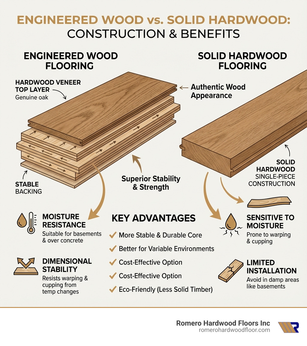 infographic showing engineered wood construction with labeled layers including hardwood veneer top layer, cross-layered plywood core, and comparison to solid hardwood single-piece construction, highlighting key benefits like moisture resistance and dimensional stability - engineered wood flooring benefits infographic 