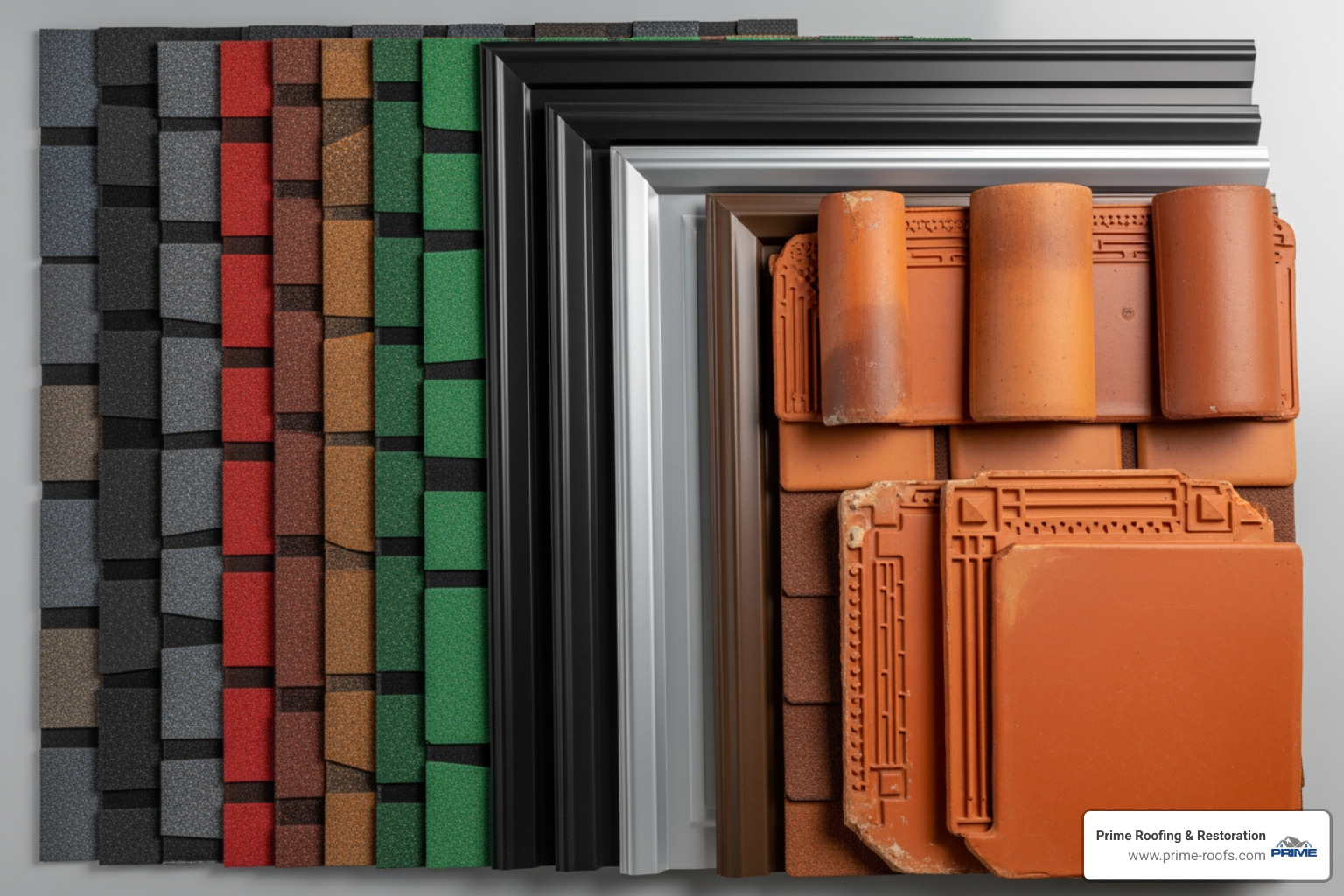 Various roofing material samples including asphalt shingles in different colors, standing seam metal panels, and clay tiles - Expert roof installation