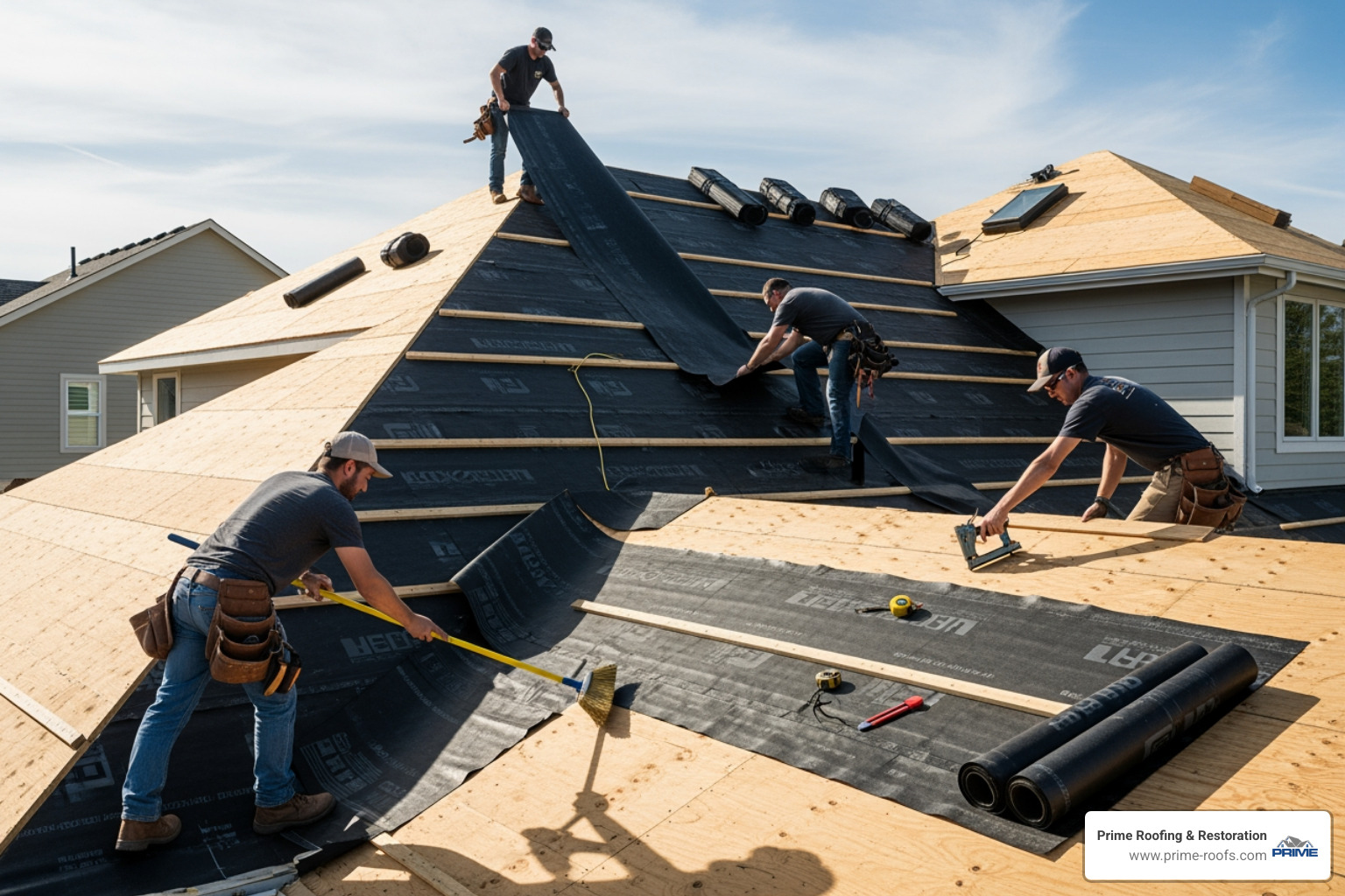 A professional roofing crew carefully installing underlayment on a clean roof deck, demonstrating meticulous attention to detail - Expert roof installation