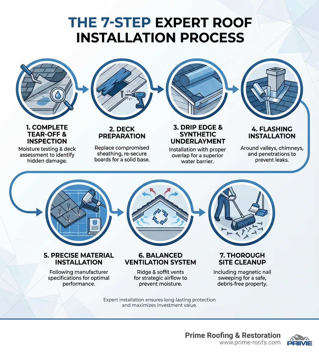 Infographic showing the 7-step expert roof installation process: 1) Complete tear-off and deck inspection with moisture testing, 2) Deck preparation including replacement of compromised sheathing and re-securing boards, 3) Installation of drip edge and synthetic underlayment with proper overlap, 4) Flashing installation around valleys, chimneys, and penetrations, 5) Precise material installation following manufacturer specifications, 6) Balanced ventilation system with ridge and soffit vents, 7) Thorough site cleanup including magnetic nail sweeping - Expert roof installation infographic 