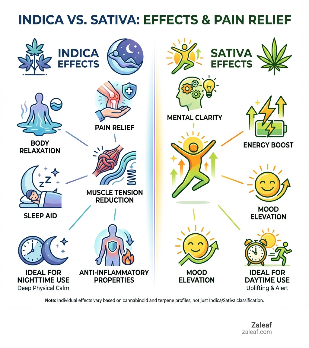 infographic showing indica effects including body relaxation, pain relief, muscle tension reduction, sleep aid, and anti-inflammatory properties versus sativa effects including mental clarity, energy boost, mood elevation, and daytime use - indica for pain infographic infographic showing indica effects including body relaxation, pain relief, muscle tension reduction, sleep aid, and anti-inflammatory properties versus sativa effects including mental clarity, energy boost, mood elevation, and daytime use - indica for pain infographic