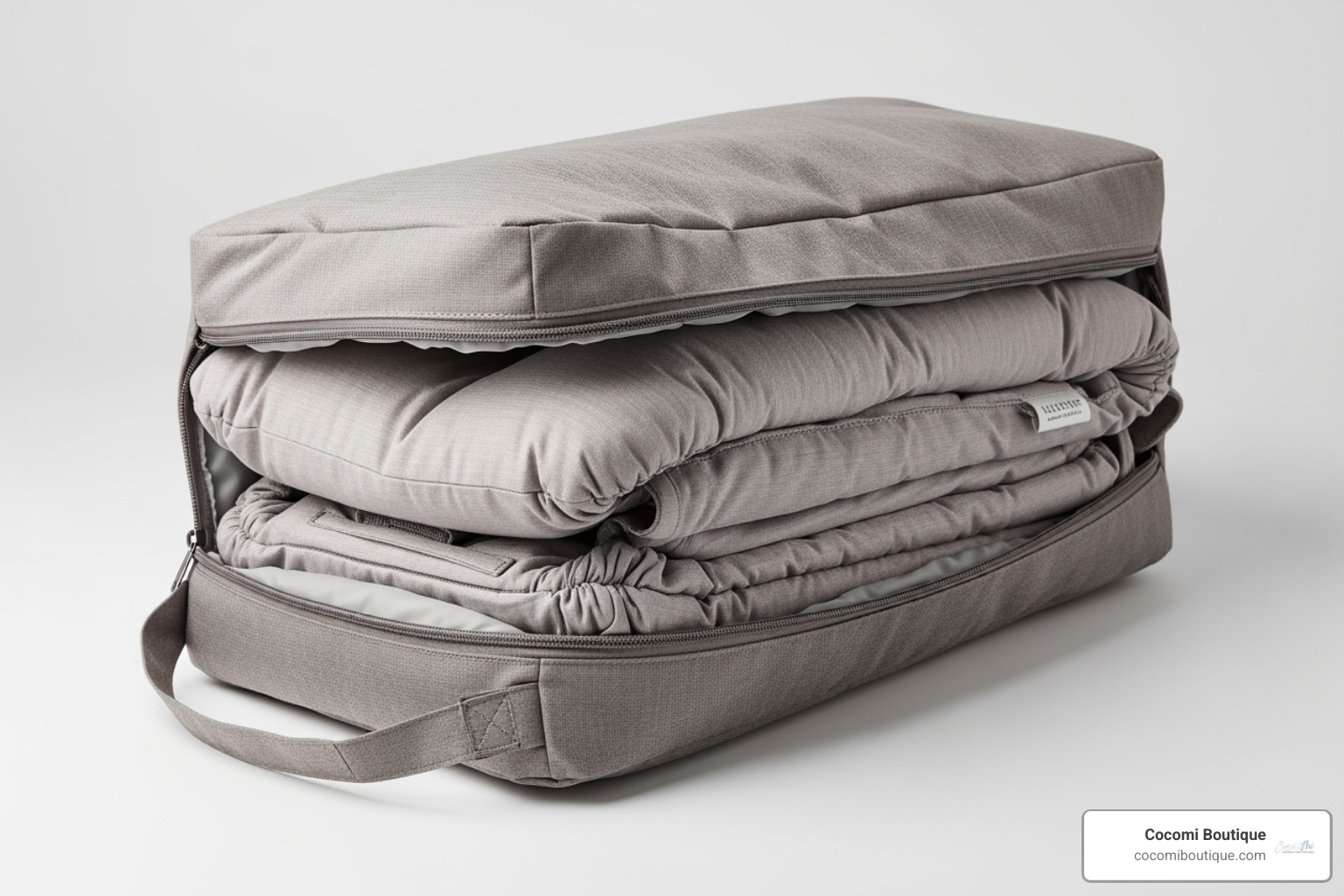 Image of a portable infant lounger folded or in a travel bag. - infant portable lounger