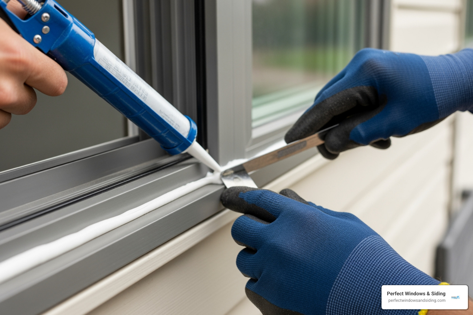 professional installer carefully sealing a window frame - double glazing installers