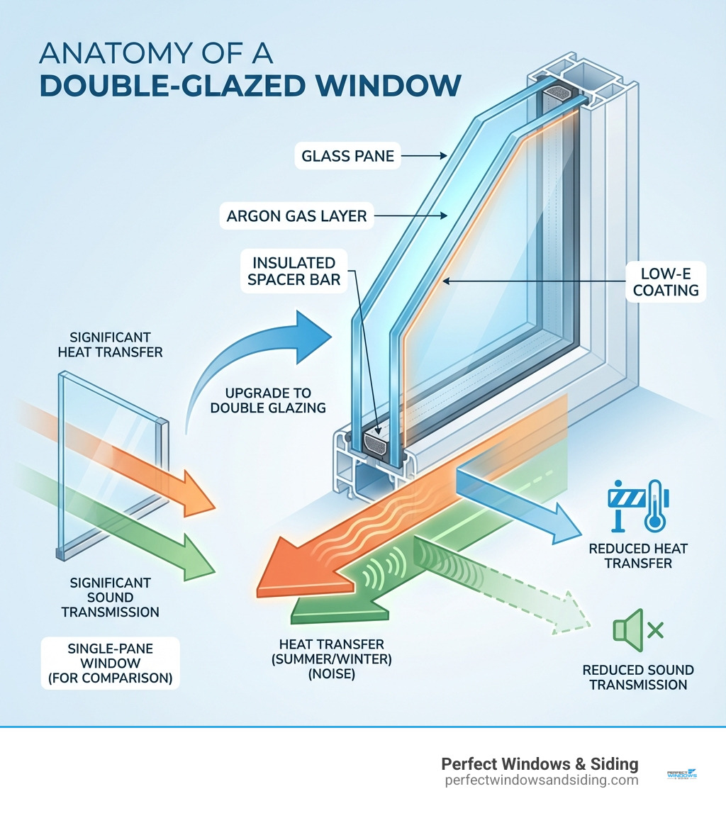 Infographic showing the anatomy of a double-glazed window with two glass panes, argon gas layer between them, insulated spacer bar, and low-E coating, with arrows indicating reduced heat transfer and sound transmission compared to single-pane windows - double glazing installers infographic 