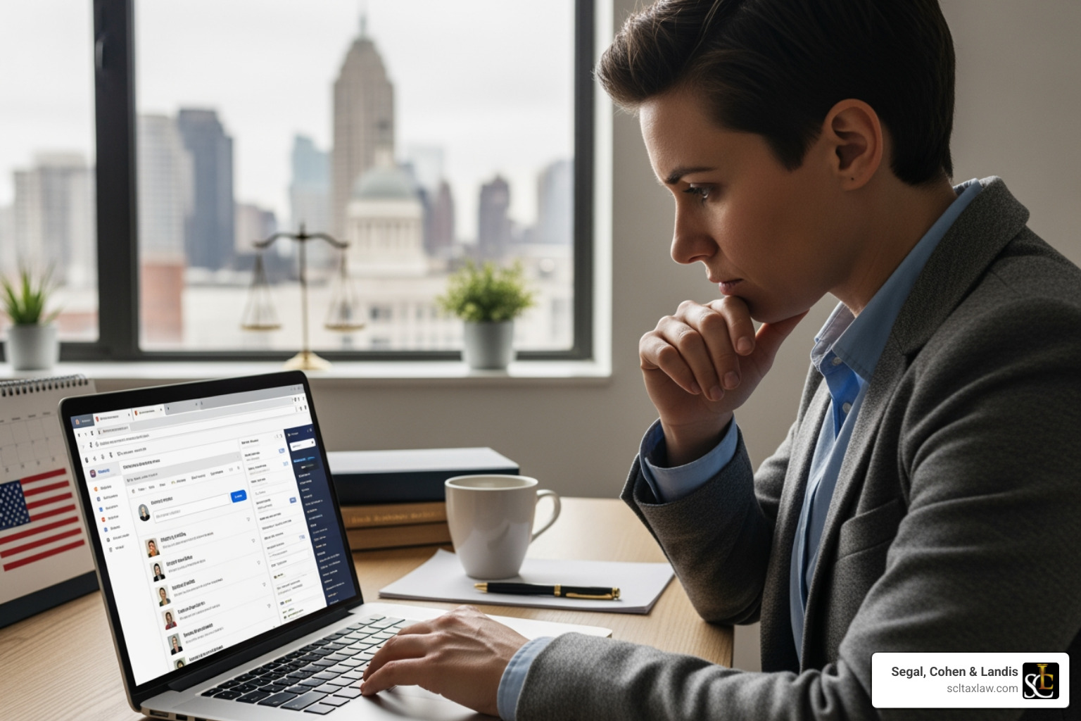 person researching lawyers on laptop - taxation lawyers near me