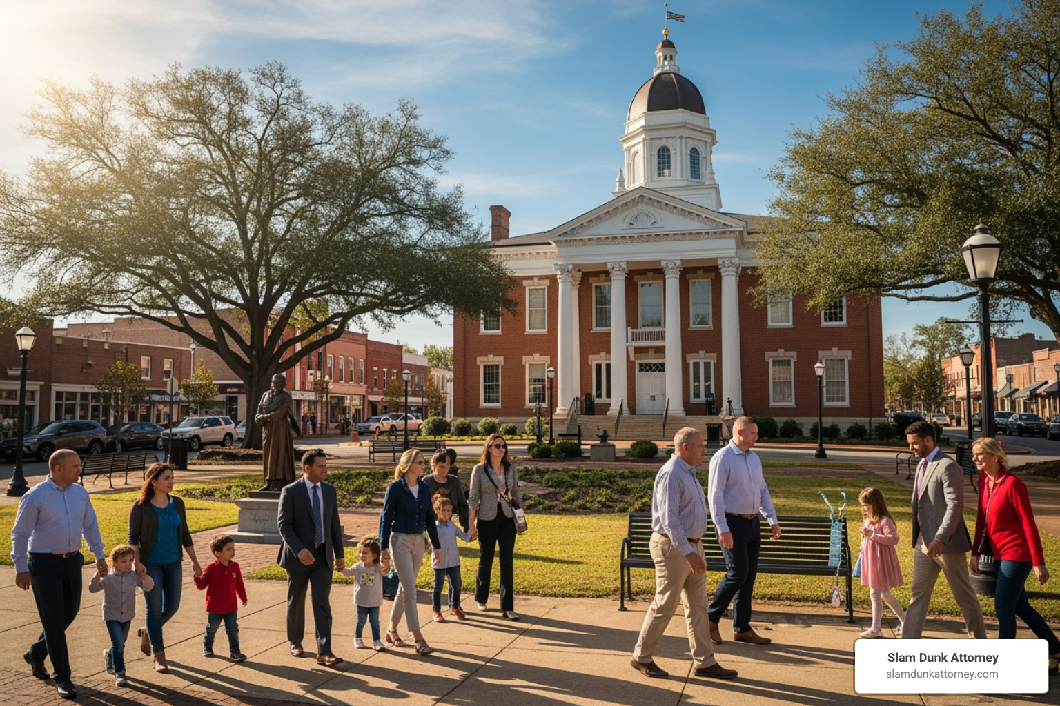 An image of a historic courthouse in a small Georgia town, with a diverse group of people walking by - hazardous condition attorney An image of a historic courthouse in a small Georgia town, with a diverse group of people walking by - hazardous condition attorney