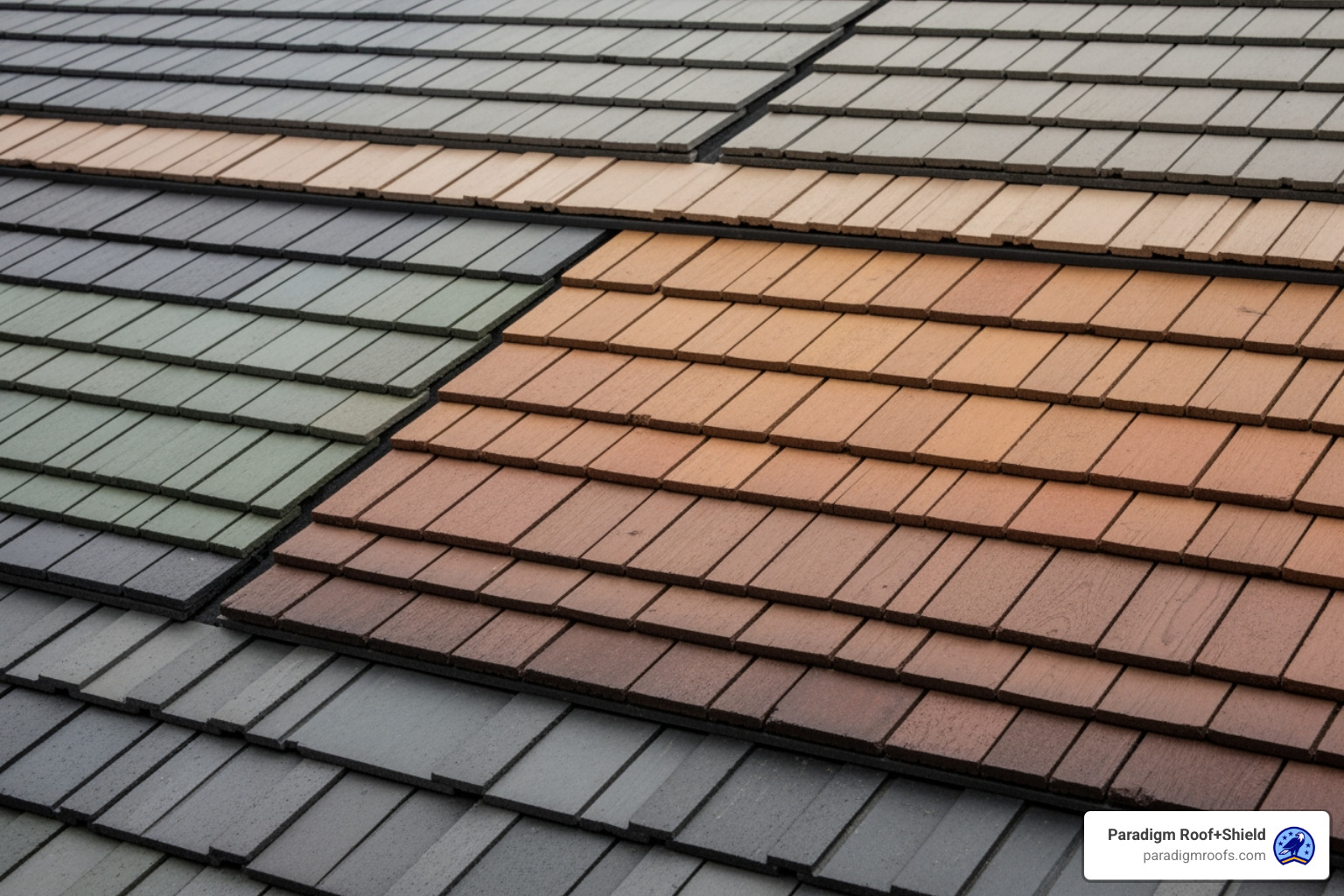A wide color palette of synthetic tiles, showcasing various shades of slate, shake, and barrel styles - synthetic roof tiles A wide color palette of synthetic tiles, showcasing various shades of slate, shake, and barrel styles - synthetic roof tiles