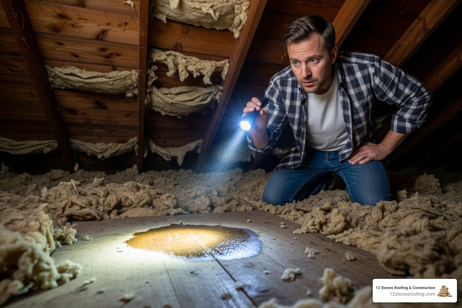 homeowner in an attic with a flashlight, pointing at a wet spot on the roof decking - roof leakage repair near me