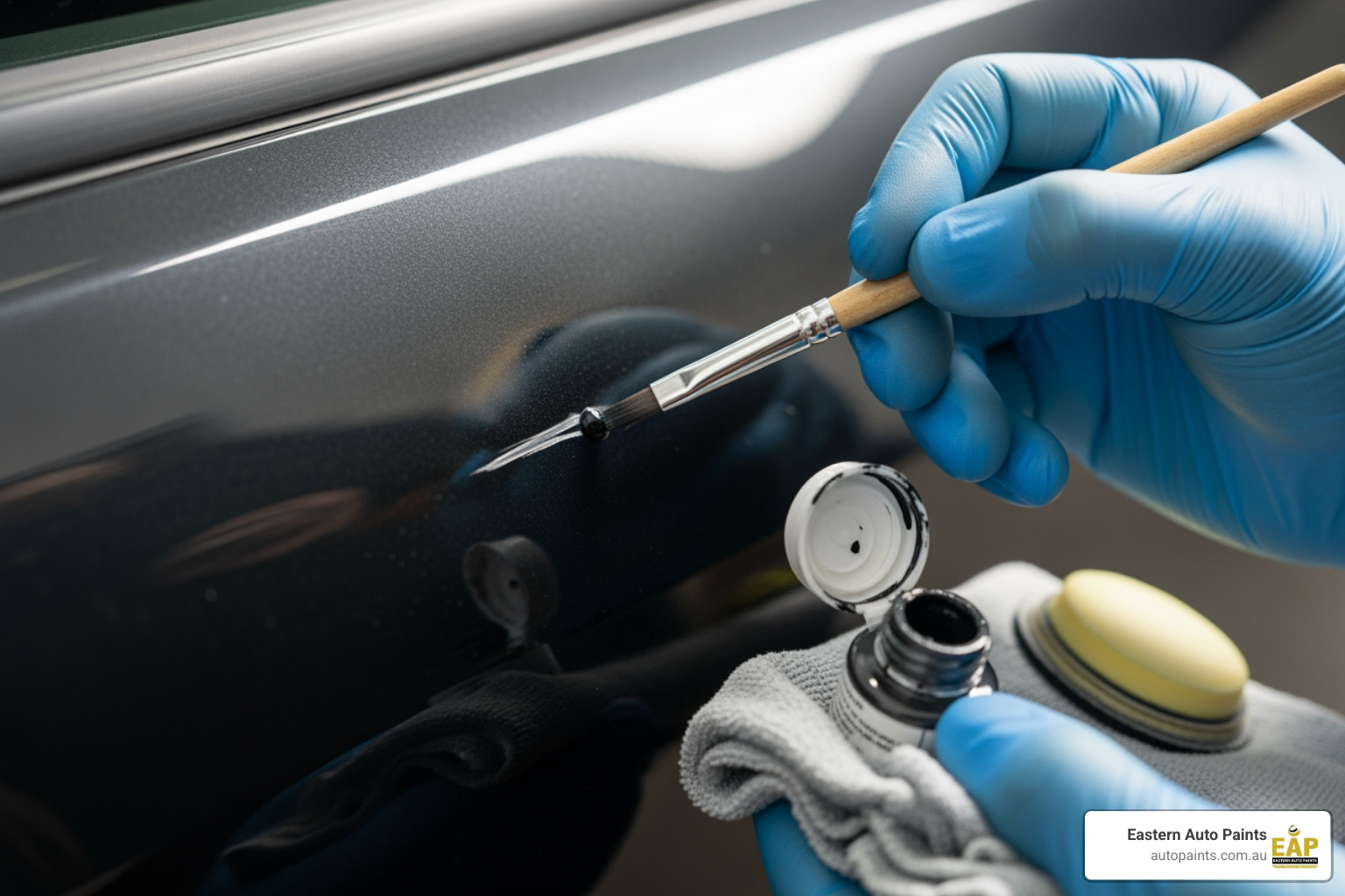 A detailed automotive touch up in progress, using a specialized paint brush to fill a long scratch on a metallic grey car.