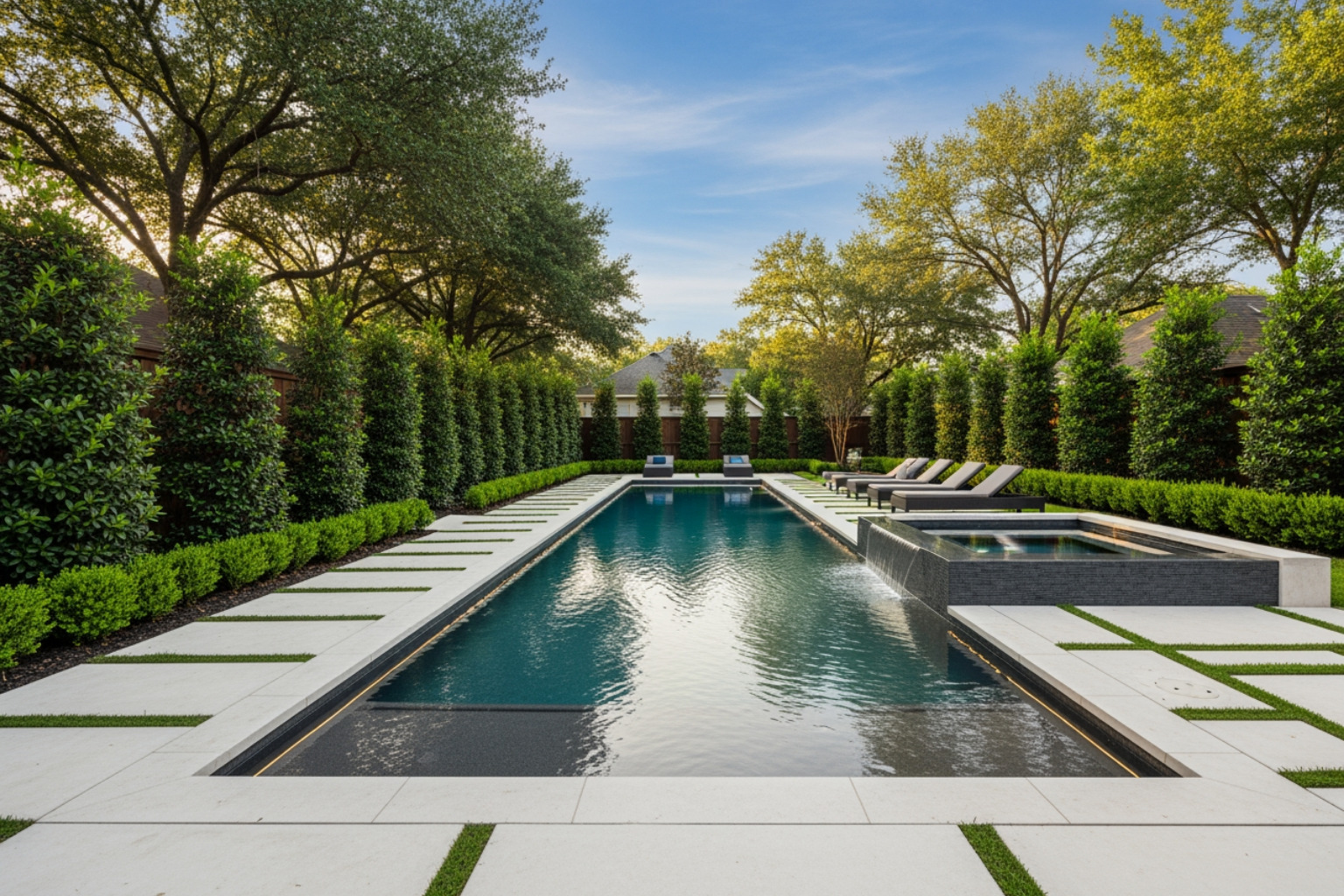 A sleek, geometric lap pool with an integrated spa, fitting neatly into a long, narrow Houston yard. - luxurious pool designs A sleek, geometric lap pool with an integrated spa, fitting neatly into a long, narrow Houston yard. - luxurious pool designs