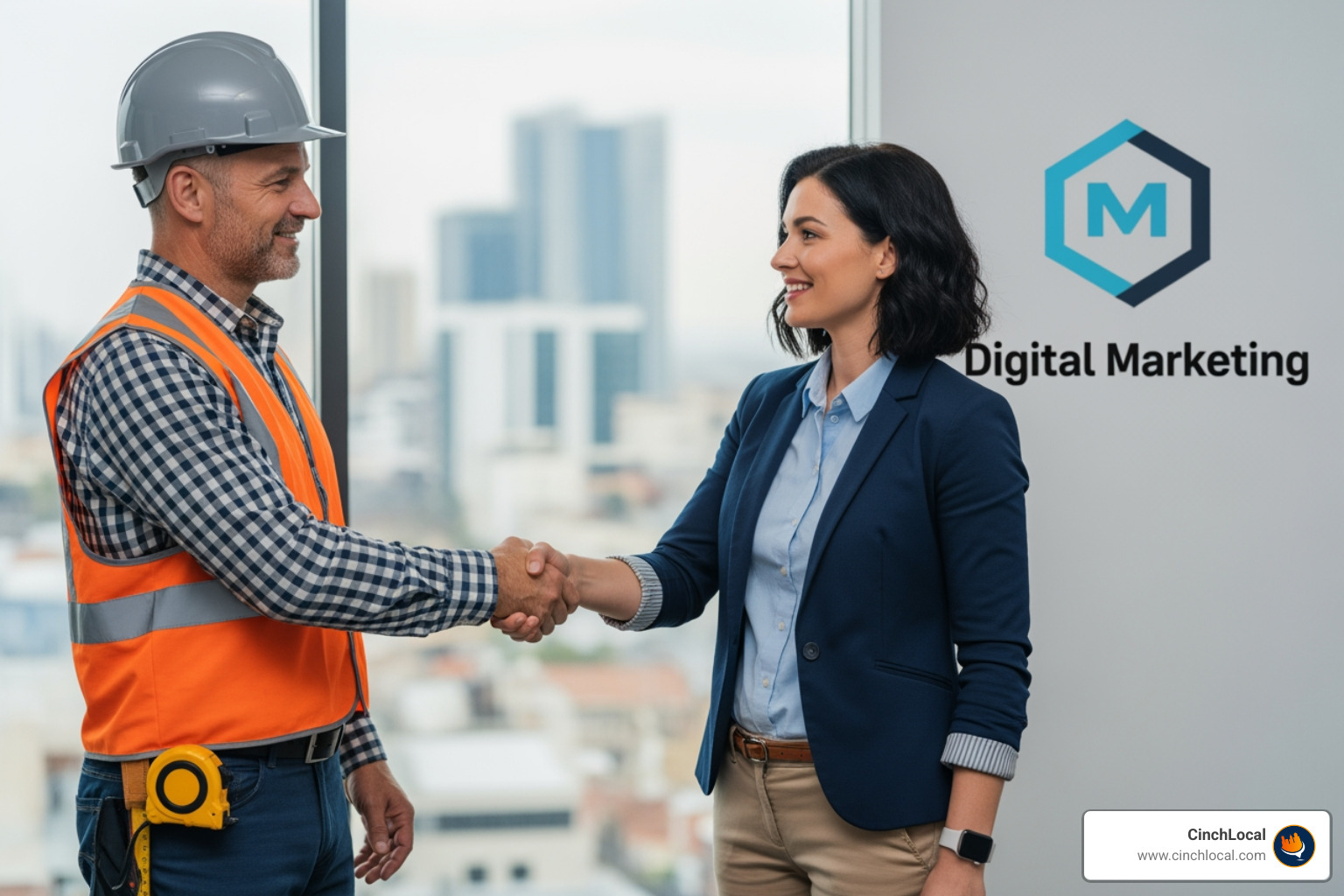 Roofing contractor shaking hands with a digital marketing professional, symbolizing partnership and trust - digital marketing company local seo services