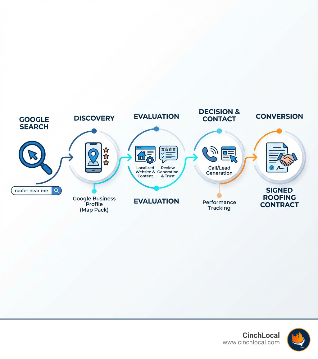 Infographic showing the customer journey from Google search to signed roofing contract with key digital touchpoints - digital marketing company local seo services infographic 