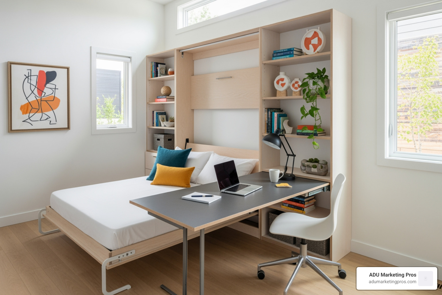 A clever space-saving design feature in a small ADU, showcasing a custom-built Murphy bed integrated into shelving with a pull-out desk. - adu garage conversion services A clever space-saving design feature in a small ADU, showcasing a custom-built Murphy bed integrated into shelving with a pull-out desk. - adu garage conversion services