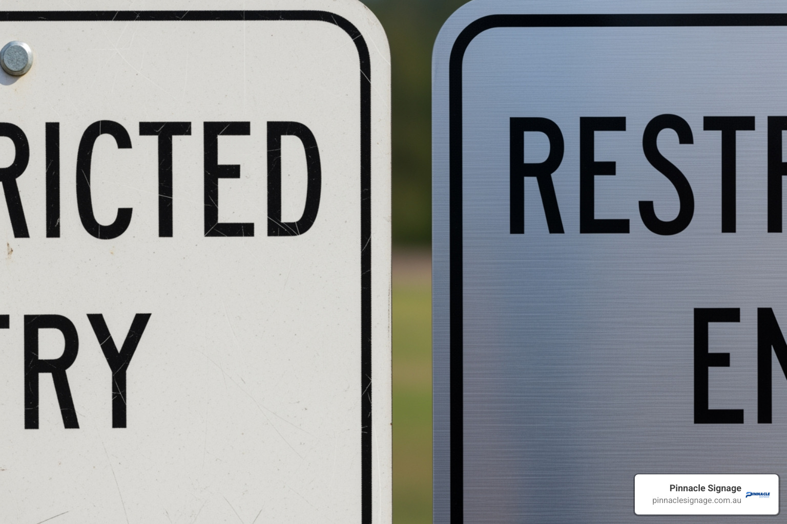 A poly sign and a metal sign are displayed side-by-side, showcasing different materials for restricted entry signs - entry restricted sign
