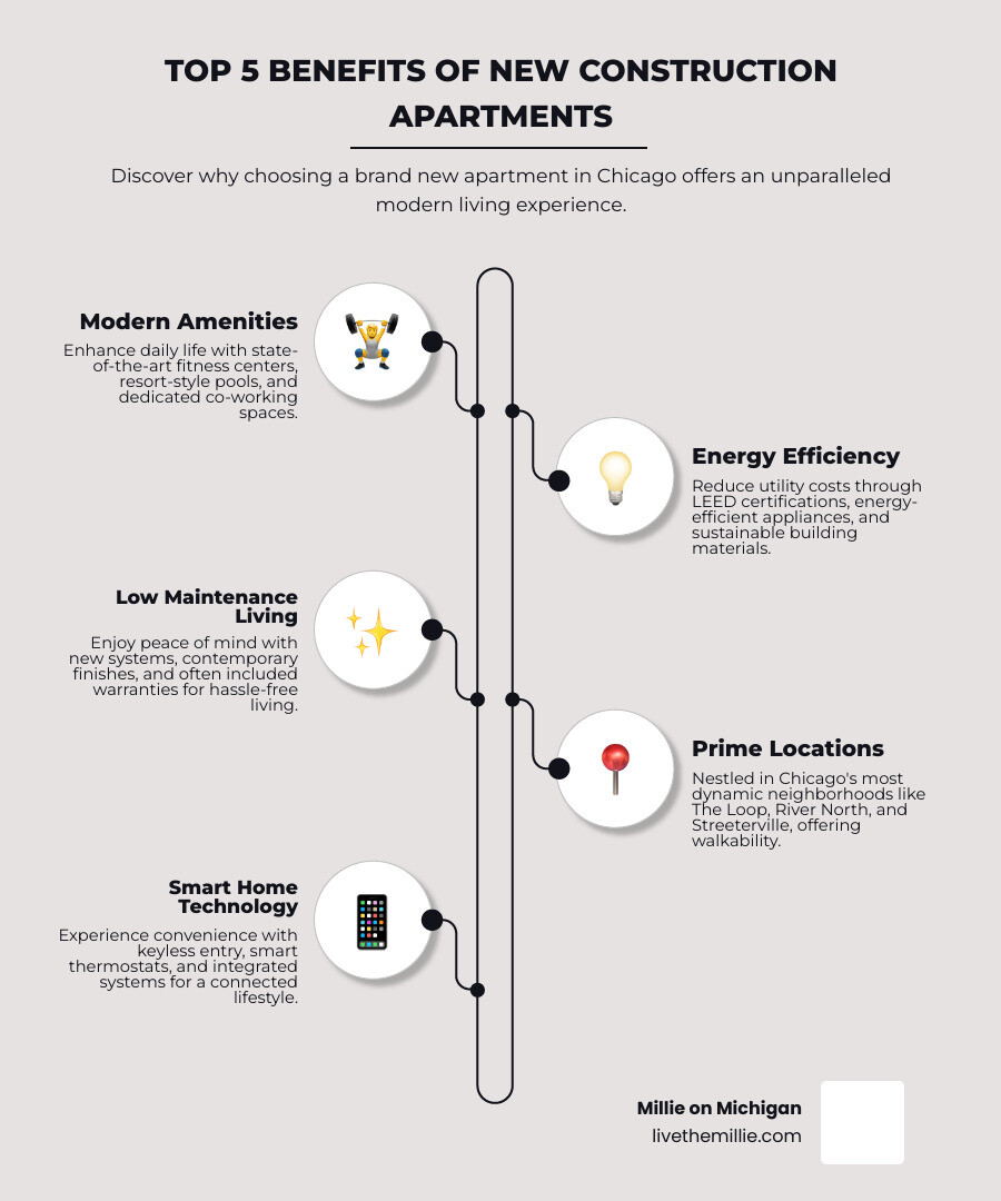 Infographic showing the top 5 benefits of choosing a new construction apartment: 1. Modern amenities enhance daily life with fitness centers, pools, and co-working spaces 2. Energy efficiency reduces utility costs with LEED certifications and efficient appliances 3. Low maintenance living with new systems and warranties 4. Prime locations in dynamic neighborhoods like The Loop and River North 5. Smart home technology including keyless entry and integrated systems - new apartments in chicago il infographic infographic-line-5-steps-elegant_beige