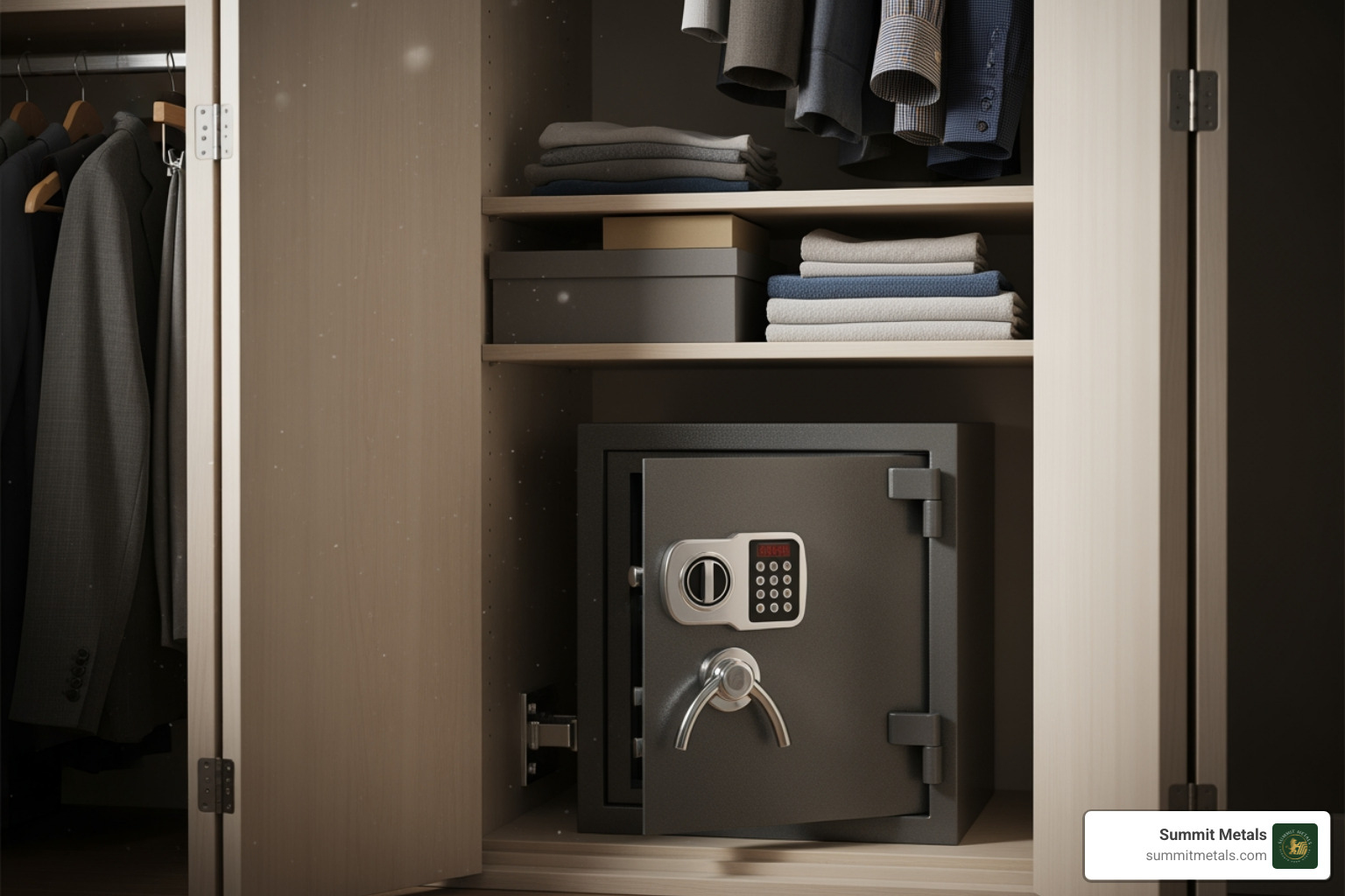 bolted-down home safe inside a closet - safe silver storage