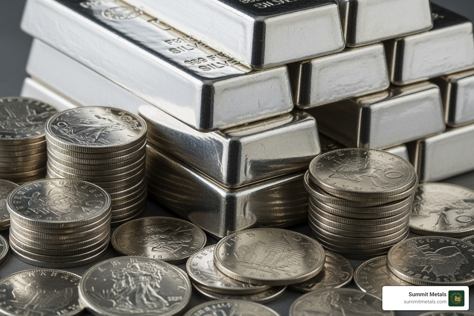 stack of silver bars and coins - safe silver storage