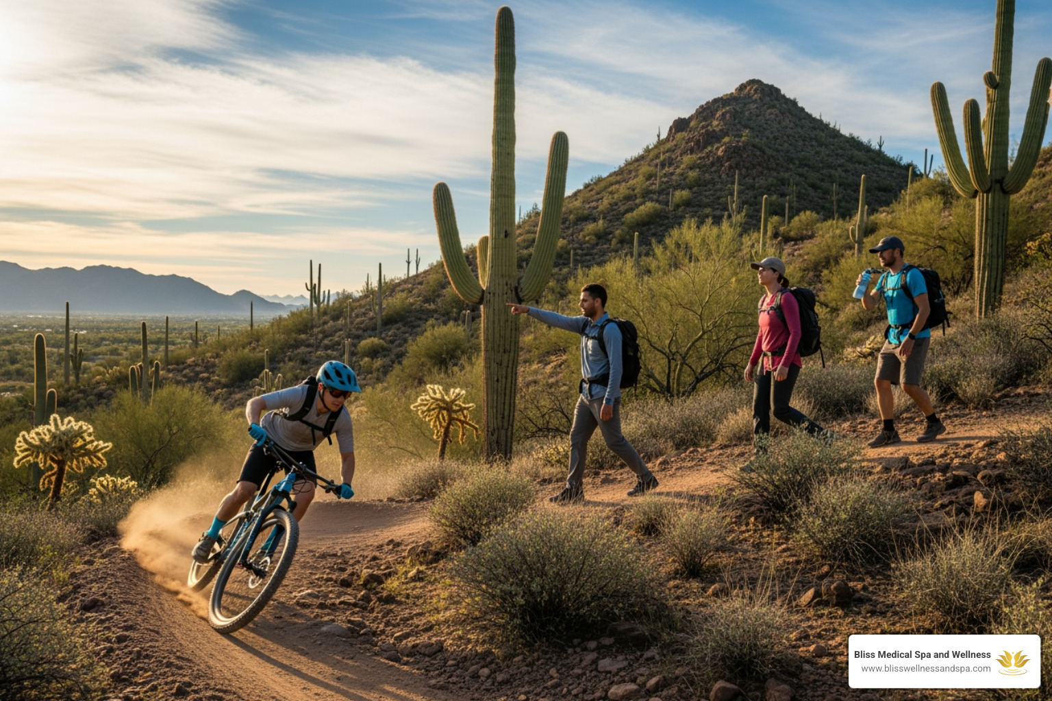 active adults hiking or biking on a trail in the Phoenix Mountain Preserve - BHRT Phoenix AZ