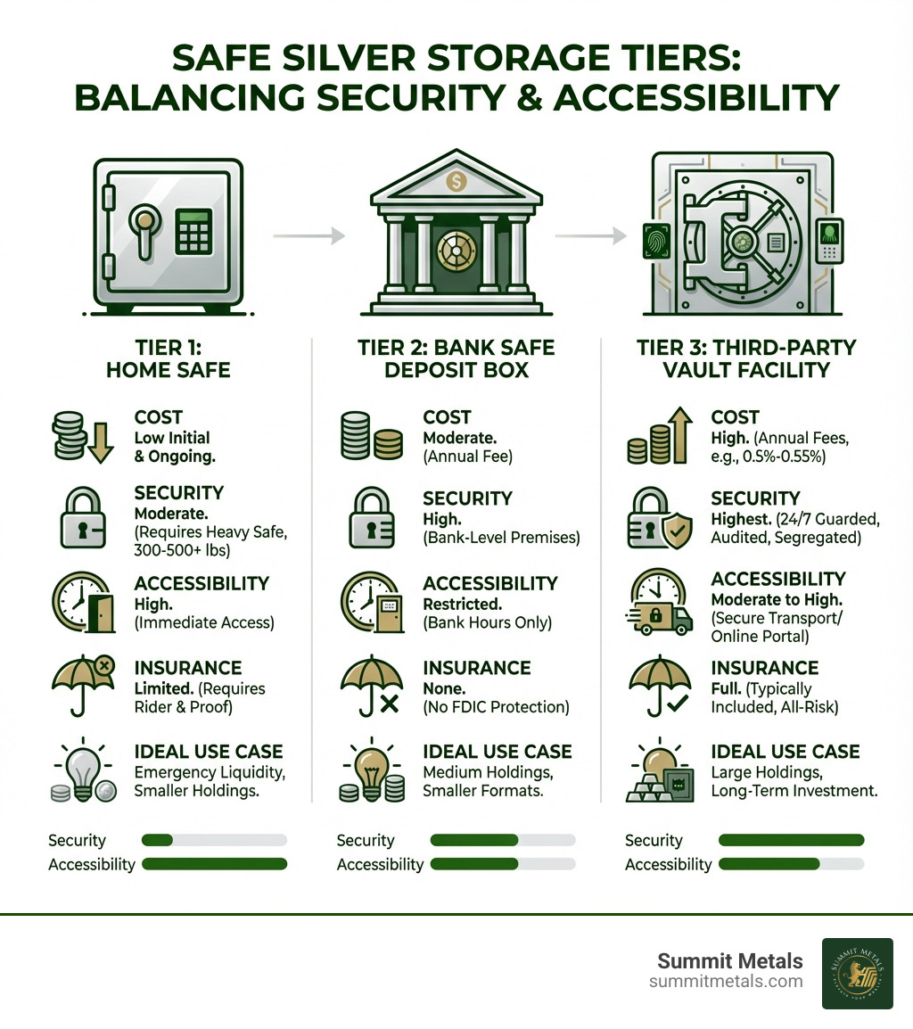infographic showing three storage tiers with icons for home safe, bank building, and secure vault facility, including key features like cost, security level, accessibility, insurance coverage, and ideal use cases for each option - safe silver storage infographic 