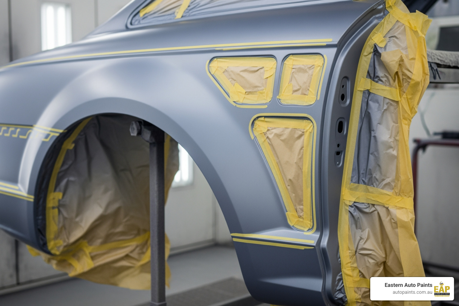 A car panel neatly masked off with tape and paper, ready for painting, showing precise preparation - Perfect match spray paint