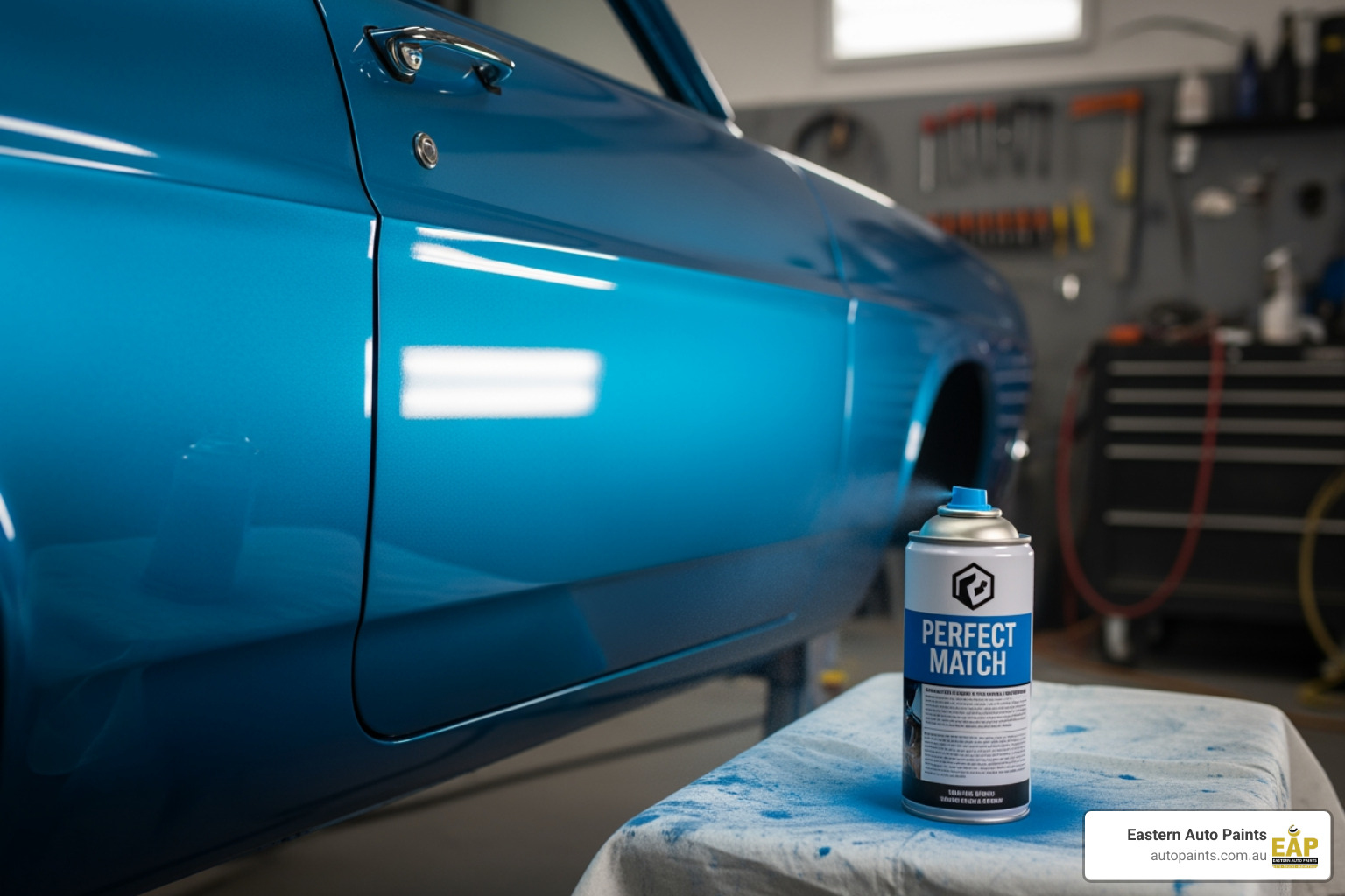 A close-up image of a vehicle's compliance plate on the driver's side door jamb with the paint code clearly highlighted - Perfect match spray paint