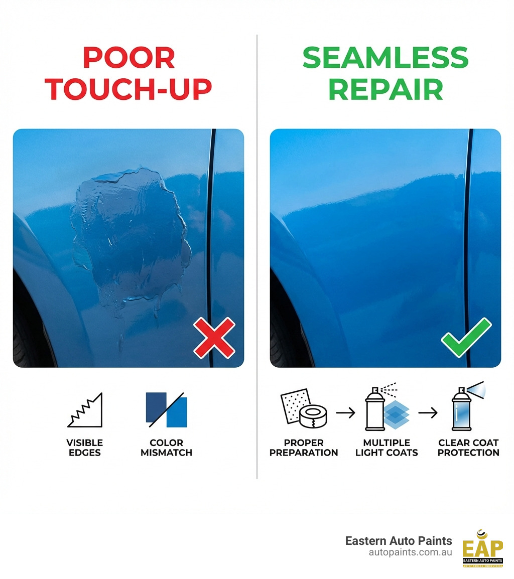 A comparison showing a poor touch-up versus a seamless repair using perfect match spray paint and clear coat protection.