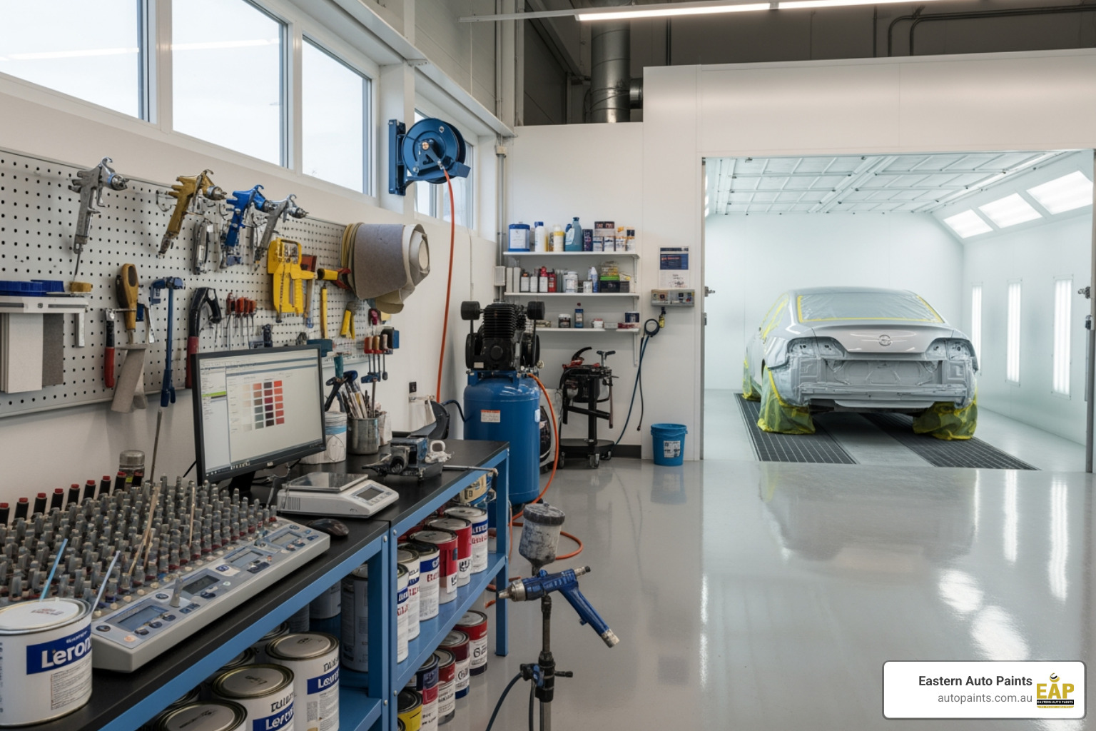 A professional automotive paint shop featuring a computerized mixing station and high-quality paint for auto body.